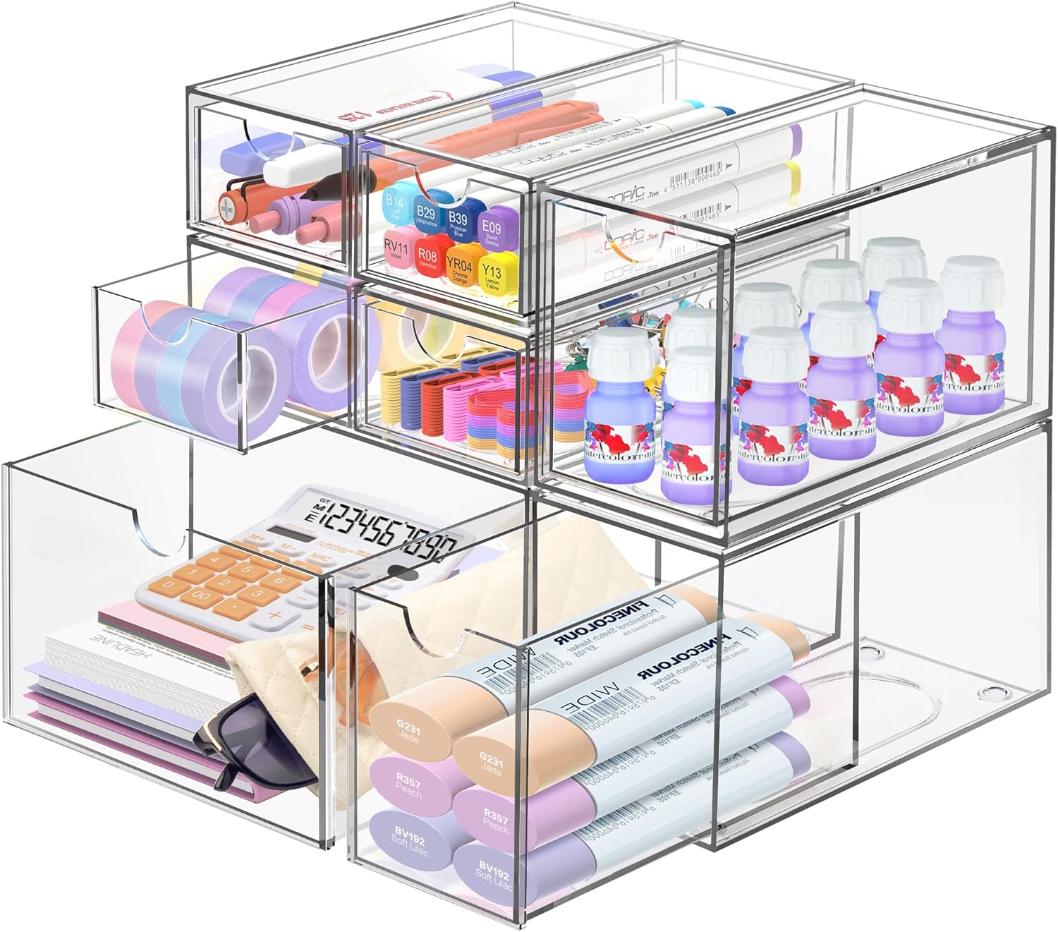 Desk Organizer with 7 Drawers, FODIENS 7 Packs Acrylic Stackable Desktop Storage Drawers Makeup Organizer, Clear Craft Storage Box Cabinets for Office Vanity Countertop Bathroom Bedroom
