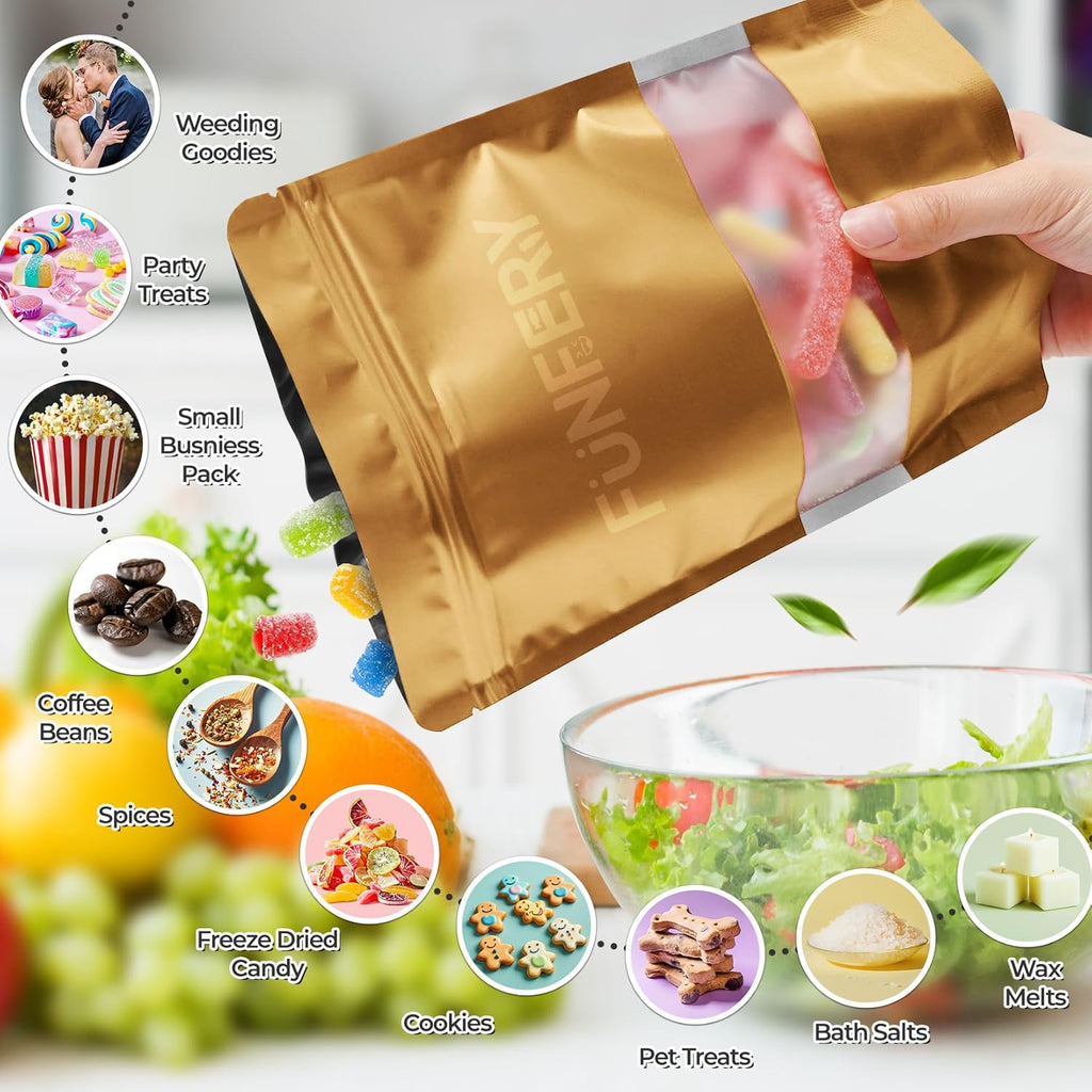 Funfery 100 Pcs Smell Proof Packaging Bags,Mylar Clear Bags for Food Storage,Sealable Bag for Packaging,Stand Up Pouches with Window,ReSealable Bag for Small Business,Cookies,Candy(Gold,4x6in)