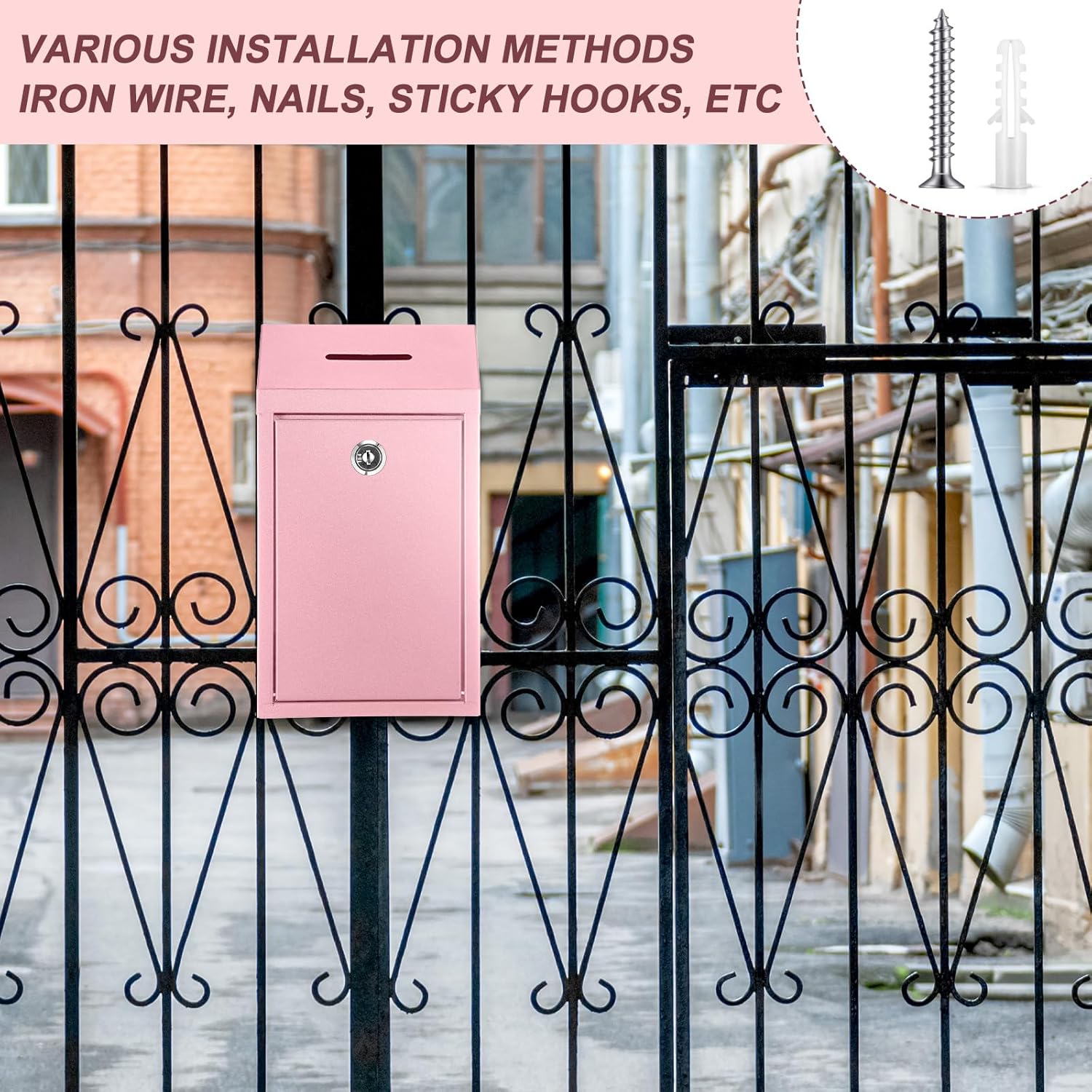 Metal Donation Cash Box Collection Safe Suggestion Box with Lock Wall Mounted Mailbox Delivery Ballot Container for Home Office Outdoor Door(Pink)