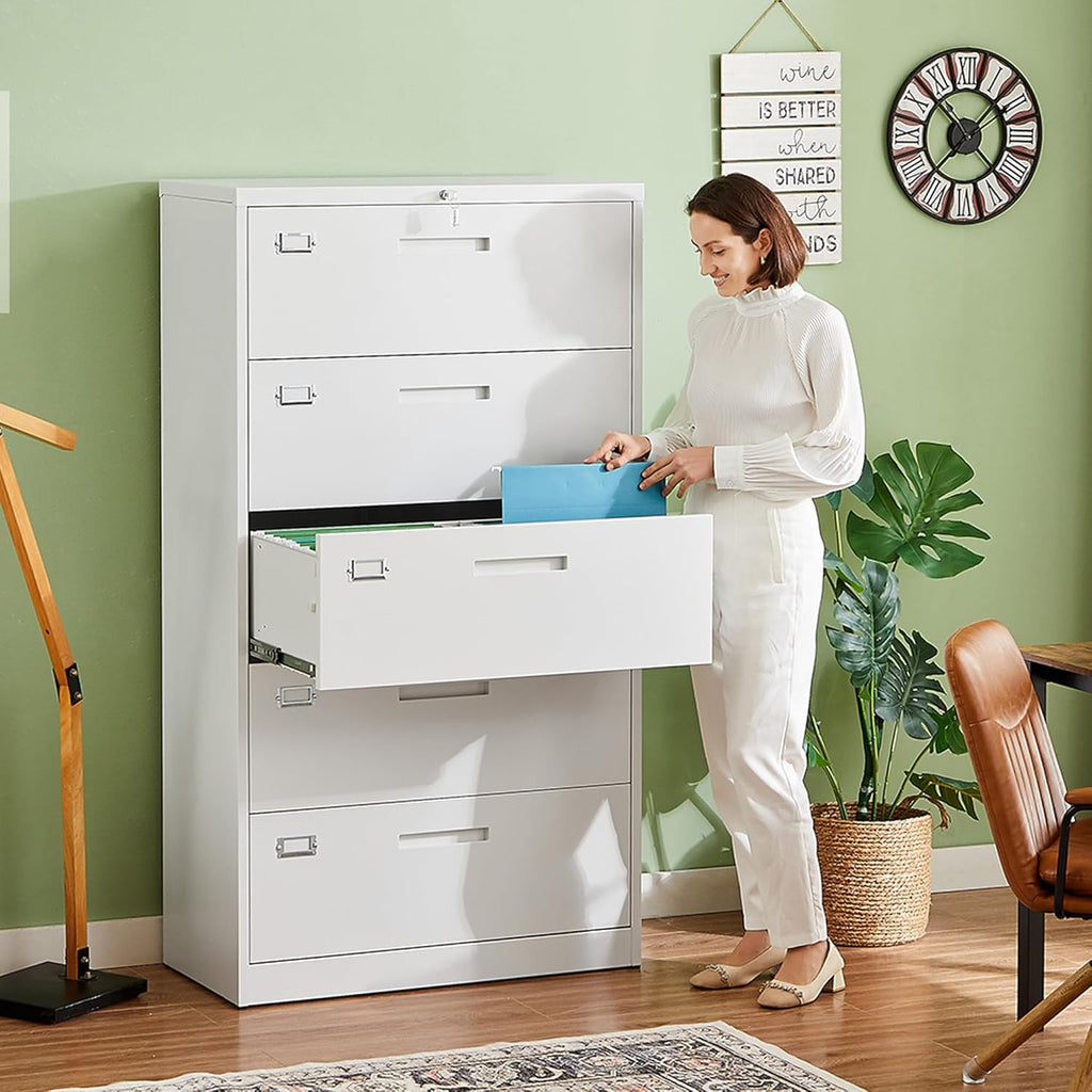Letaya Lateral 5 Drawer File Cabinet with Lock,Metal Wide White Filing Cabinets for Home Office Storage A4/F4/Letter/Legal(Assembly Required)