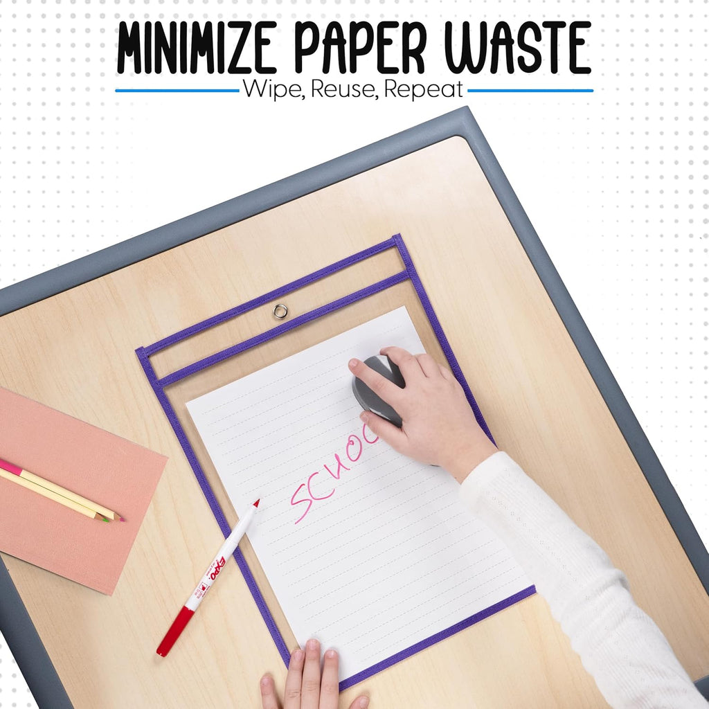 Essex Wares - 6 Pack, Purple, Dry Erase Pocket Document Protectors, 10" Wide x 13.5" Tall - Dry Erase Clear Plastic Sleeves - Reusable & Easy Erase Plastic Invoice Holders, Water-Resistant & Durable