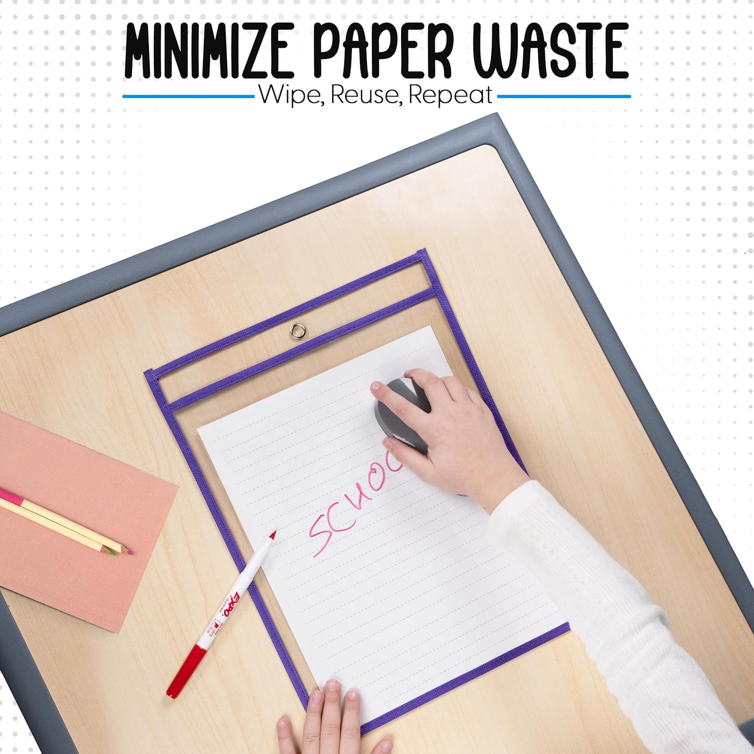 Essex Wares - 6 Pack, Purple, Dry Erase Pocket Document Protectors, 10" Wide x 13.5" Tall - Dry Erase Clear Plastic Sleeves - Reusable & Easy Erase Plastic Invoice Holders, Water-Resistant & Durable