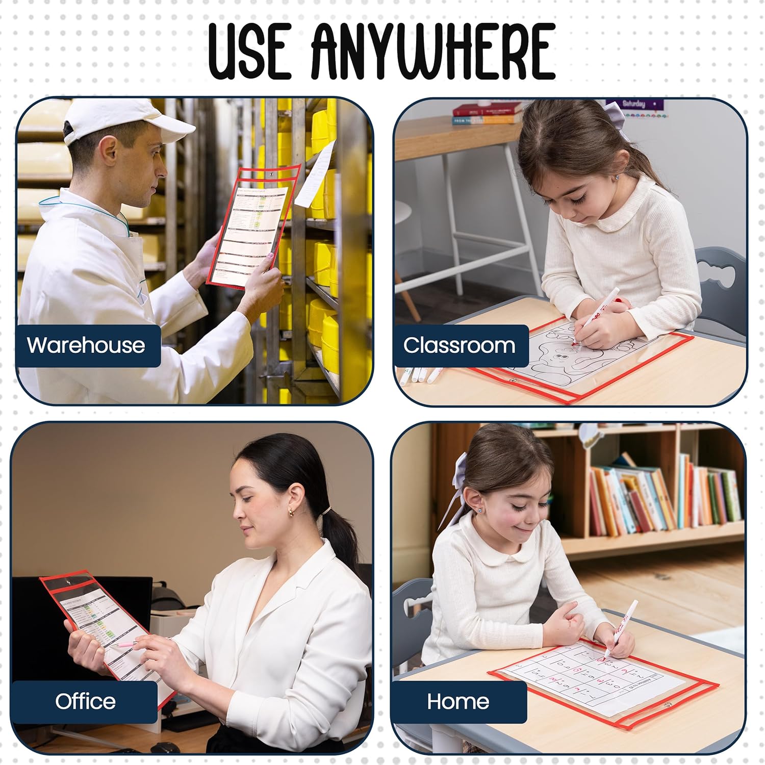 Essex Wares - 6 Pack, Red, Dry Erase Pocket Document Protectors, 10" Wide x 13.5" Tall - Clear Plastic Sleeves - Reusable & Easy Erase Plastic Invoice Holders, Water-Resistant & Durable