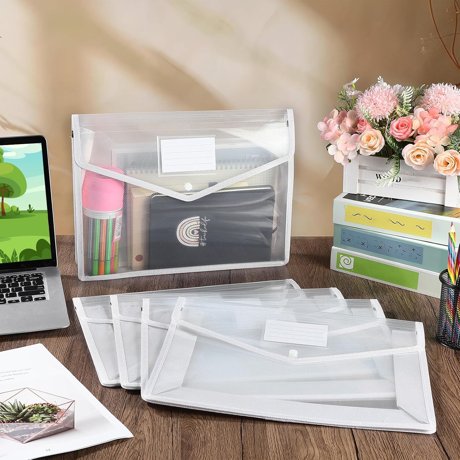 10 Pieces Plastic File Folders Envelope Expanding File Wallet Organizer Documents Folder with Snap Closure and Pocket B4 Waterproof Transparent Pouch for School Office(White,Horizontal)