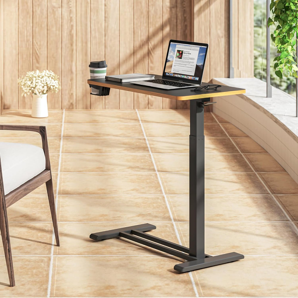 SANODESK Mobile Standing Desk with Hidden Wheels,Pneumatic Laptop Desk Rolling Computer Cart Movable Height Adjustable Small Sit Stand Desk for Home Office(27.6" W x 15.7" D, Black+Maple Band)