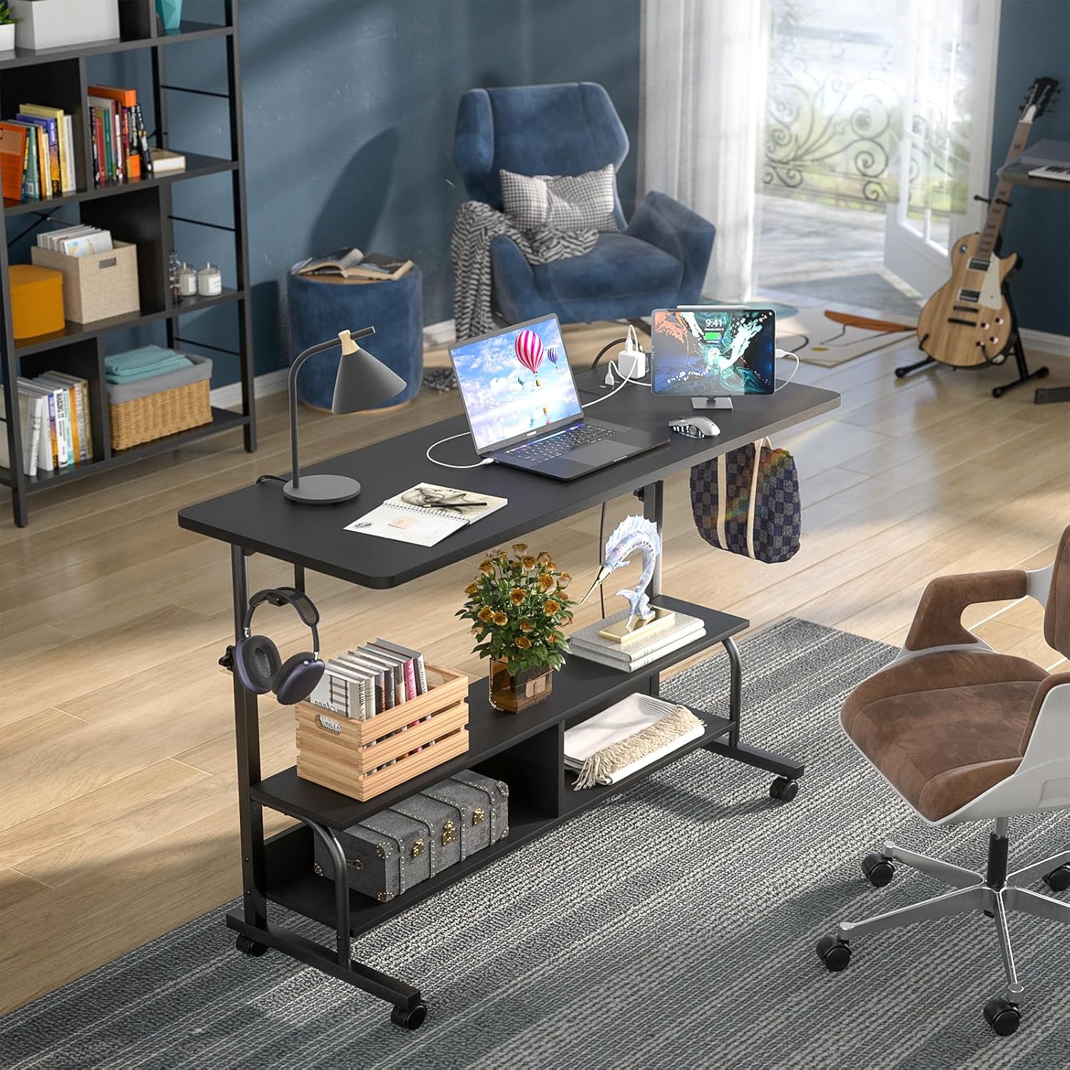Armocity Height Adjustable Standing Desk with Power Outlets, 47" Manual Stand Up Desk with Storage Shelves Small Mobile Rolling Computer Desk Portable Laptop Table with Wheels for Home Office, Black