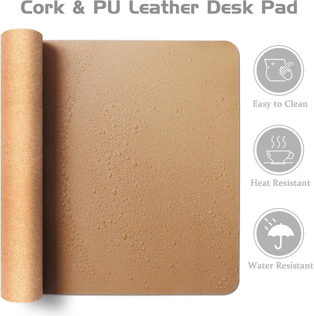 Aothia Dual-Sided Desk Mat - Leather & Cork Desk Protector, Large Mouse Pad & Writing Pad for Office/Home, Waterproof, Apricot (35.4" x 15.7")