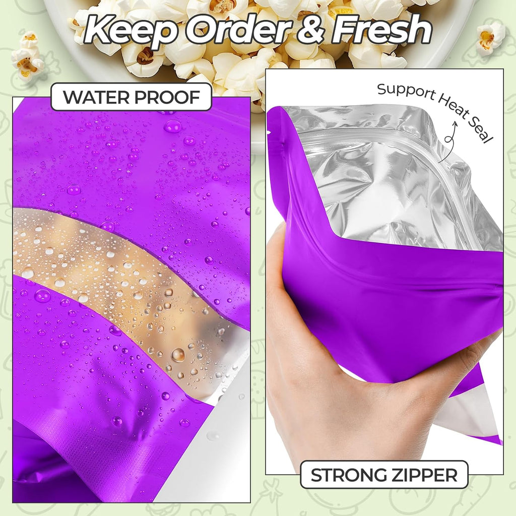 Funfery 100 Pcs Smell Proof Packaging Bags,Mylar Clear Bags for Food Storage,Sealable Bag for Packaging,Stand Up Pouches with Window,ReSealable Bag for Small Business,Cookies,Candy(Purple,4x6in)