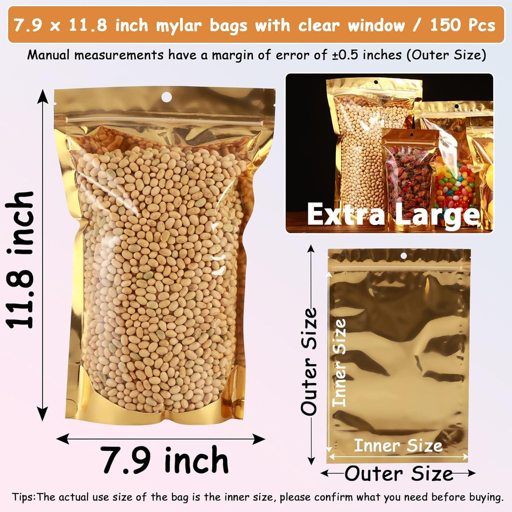 150 Pcs Mylar Bags for Food Storage, 8x12 Mylar Bag with Window Stand Up, Bulk Holographic Resealable Bags Smell Proof Bag Food Packaging for Small Business Freeze Dried Candy Jewelry Foil Packaging