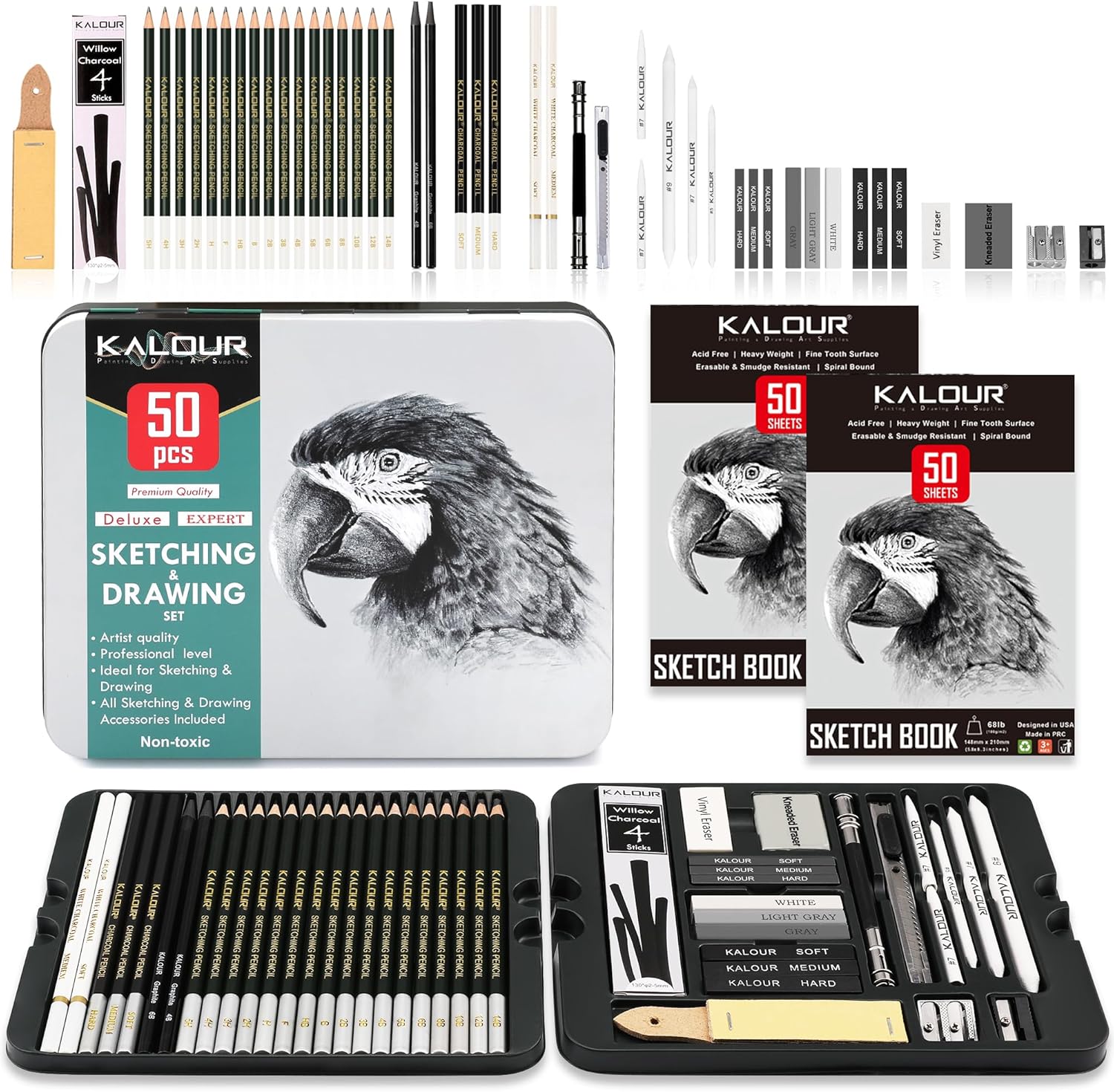 KALOUR 52-Pack Sketch Drawing Pencils Kit with Two Sketchbook,Tin Box,Include Graphite,Charcoal and Artists Tools,Pro Art Drawing Supplies for Adults Beginner Kids