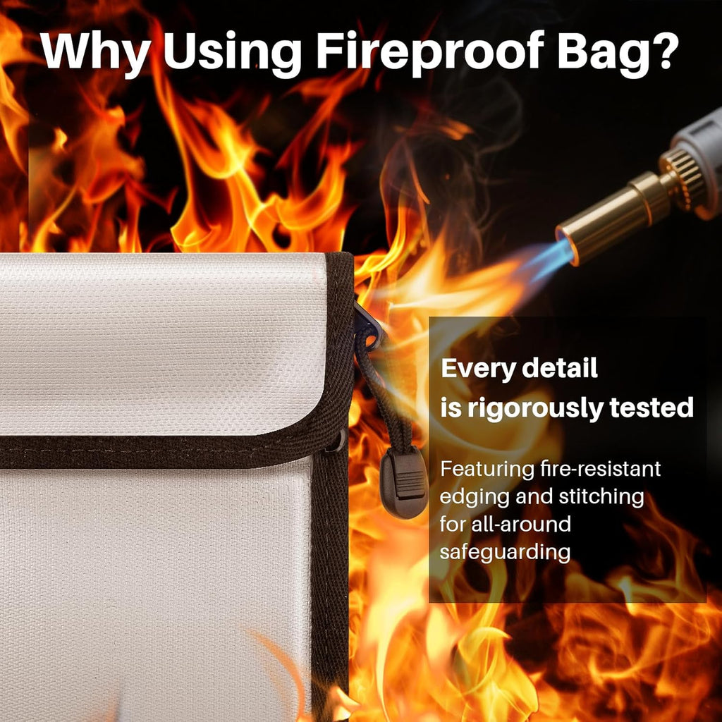 Fireproof Document Bag, 15 x 11 Inch Waterproof Documents Holder 2000℉ Safe for Important File Money Cash Legal Papers, Two Pockets Dual Zippered File Bag with Hand-held Strap & Reflective Strip