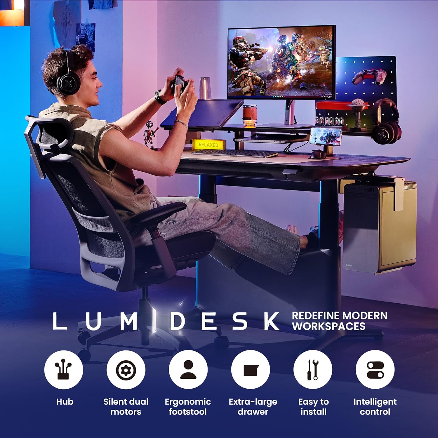 COLAMY Electric Standing Desk, Whole-Piece Gaming Desk with Dual Motors, Ergonomic Footrest, Drawers for Storage, Adjustable Height Sit-Stand Desk for Home Office (Veneer Desktop, Black Oak + Black)