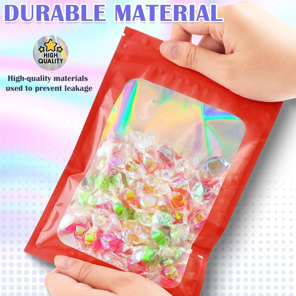 100 Pcs Mylar Bags, Smell Proof Bags Foil Pouch, Holographic Resealable Bags for Small Business, Candy Sample Jewelry Bag Sealable Packaging for Party Favor Food Storage (3x5in-Red)