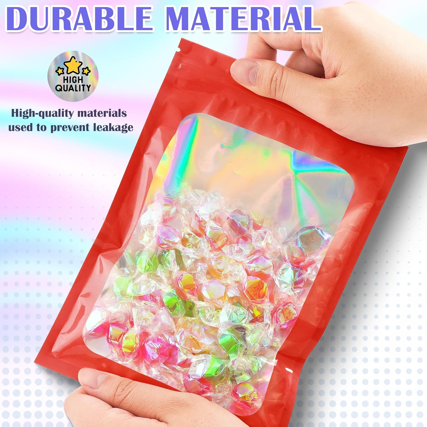 100 Pcs Mylar Bags, Smell Proof Bags Foil Pouch, Holographic Resealable Bags for Small Business, Candy Sample Jewelry Bag Sealable Packaging for Party Favor Food Storage (3x5in-Red)