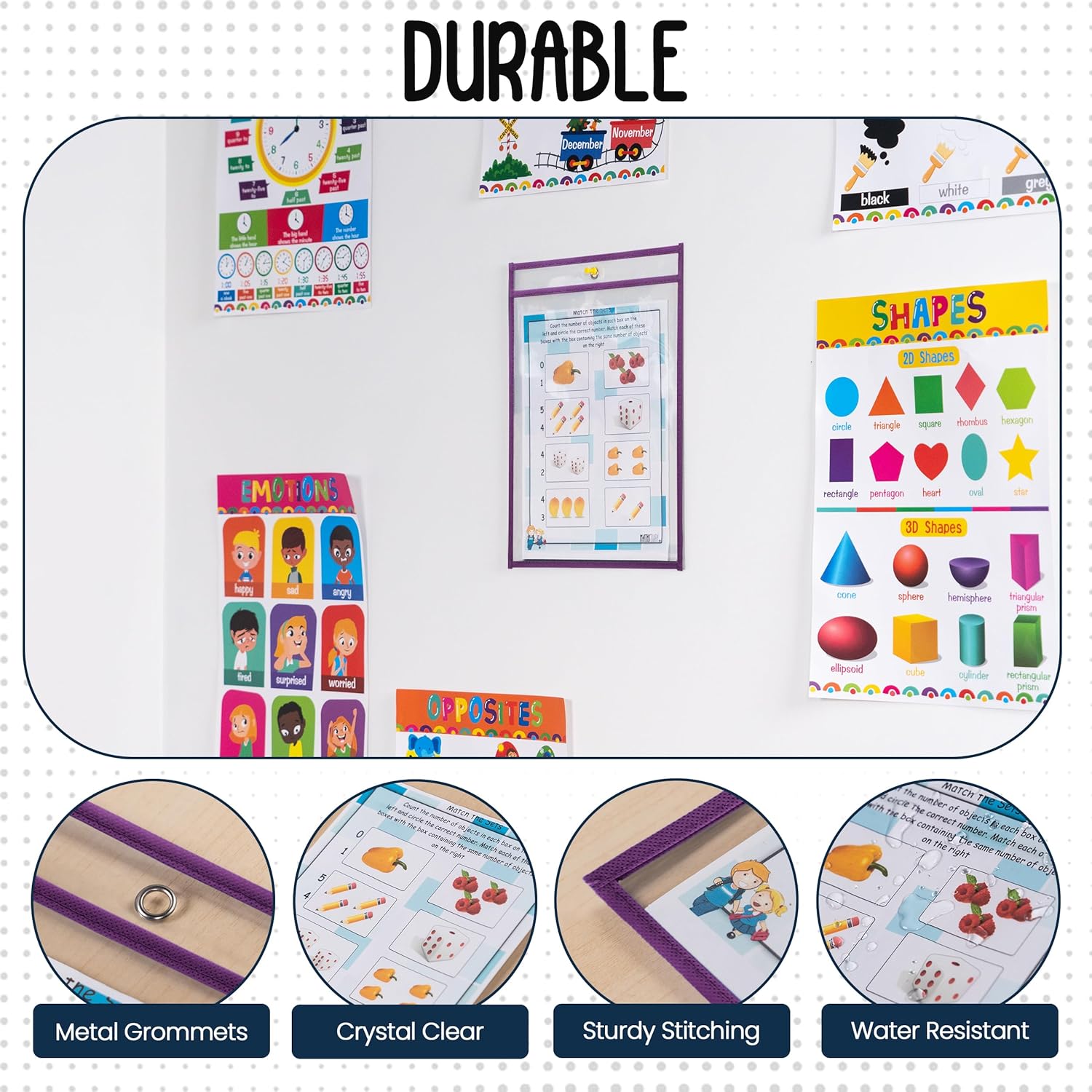 Essex Wares - 6 Pack, Grape, Durable Water-Resistant Dry Erase Pocket Document Protectors, 10" Wide x 13.5" Tall - Dry Erase Clear Plastic Sleeves - Reusable & Easy Erase Plastic Invoice Holders