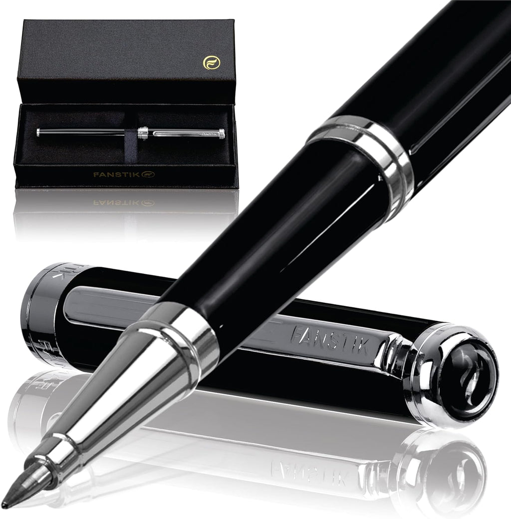Black & Silver Luxury Rollerball pen (Made In USA) fancy gift set for women, Real 24K Gold Plating, Professional executive pen gift set for men (Lux Rollerball Black-Silver)