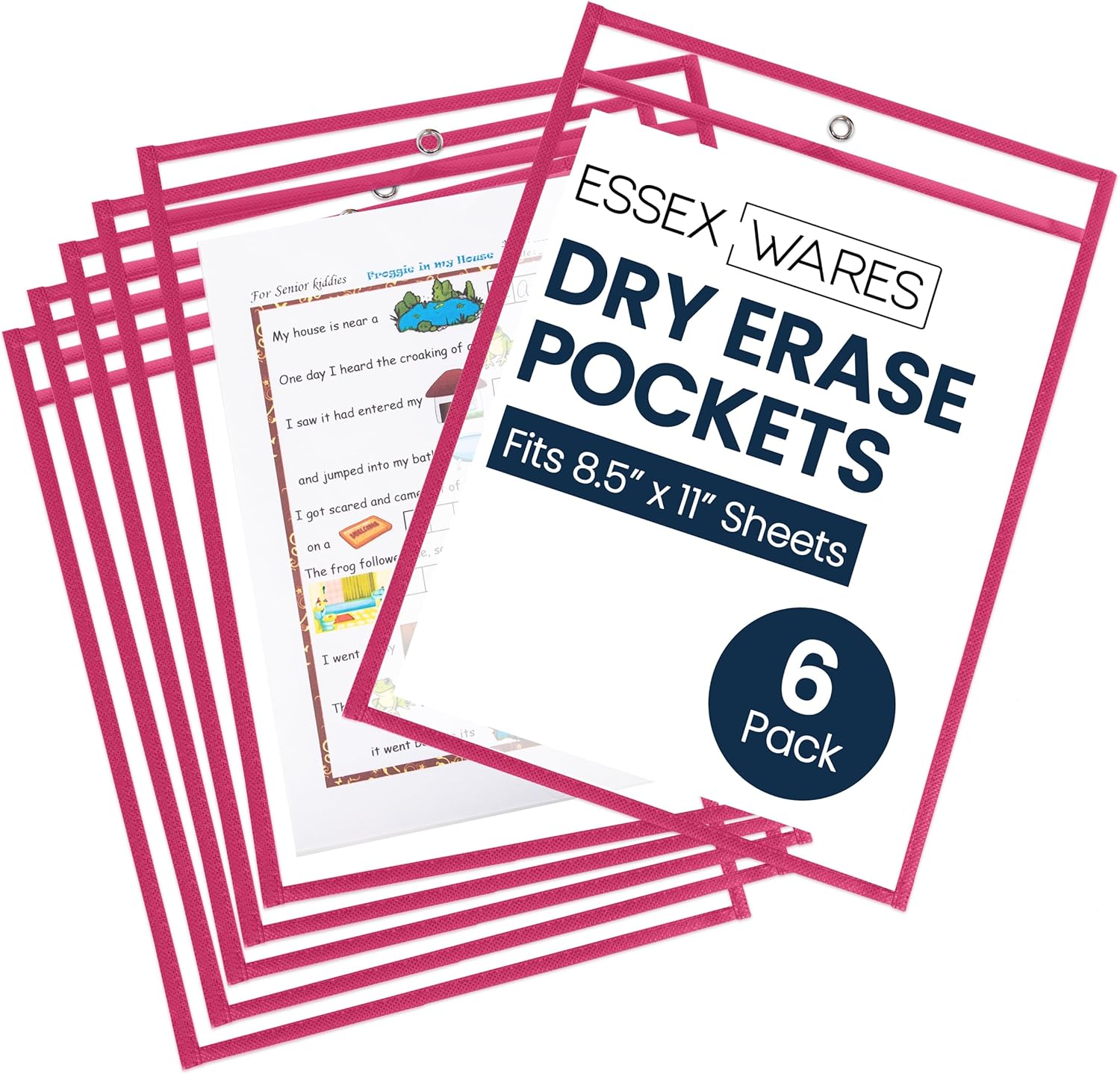 Essex Wares - 6 Pack, Magenta, Durable Water-Resistant Dry Erase Pocket Document Protectors, 10" Wide x 13.5" Tall - Dry Erase Clear Plastic Sleeves - Reusable & Easy Erase Plastic Invoice Holders