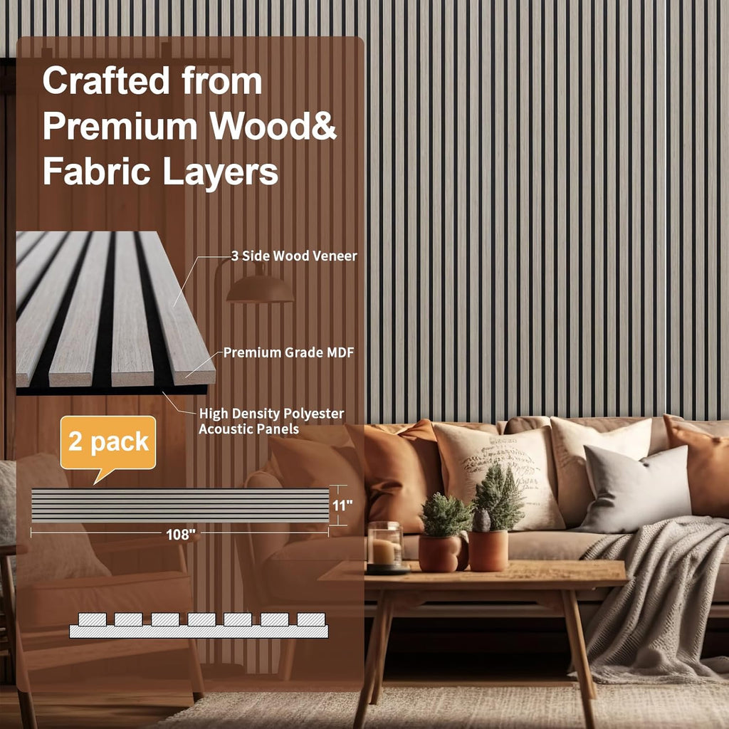 Yuzzy Wood Panels for Wall and Ceiling - 108 x 11 Inch Wood Slat Acoustic Panels 2 PCS - Modern Sound Absorbing Wall Panels for Interior Wall Decor for Home, Office, Studio - Rustic Gray Oak