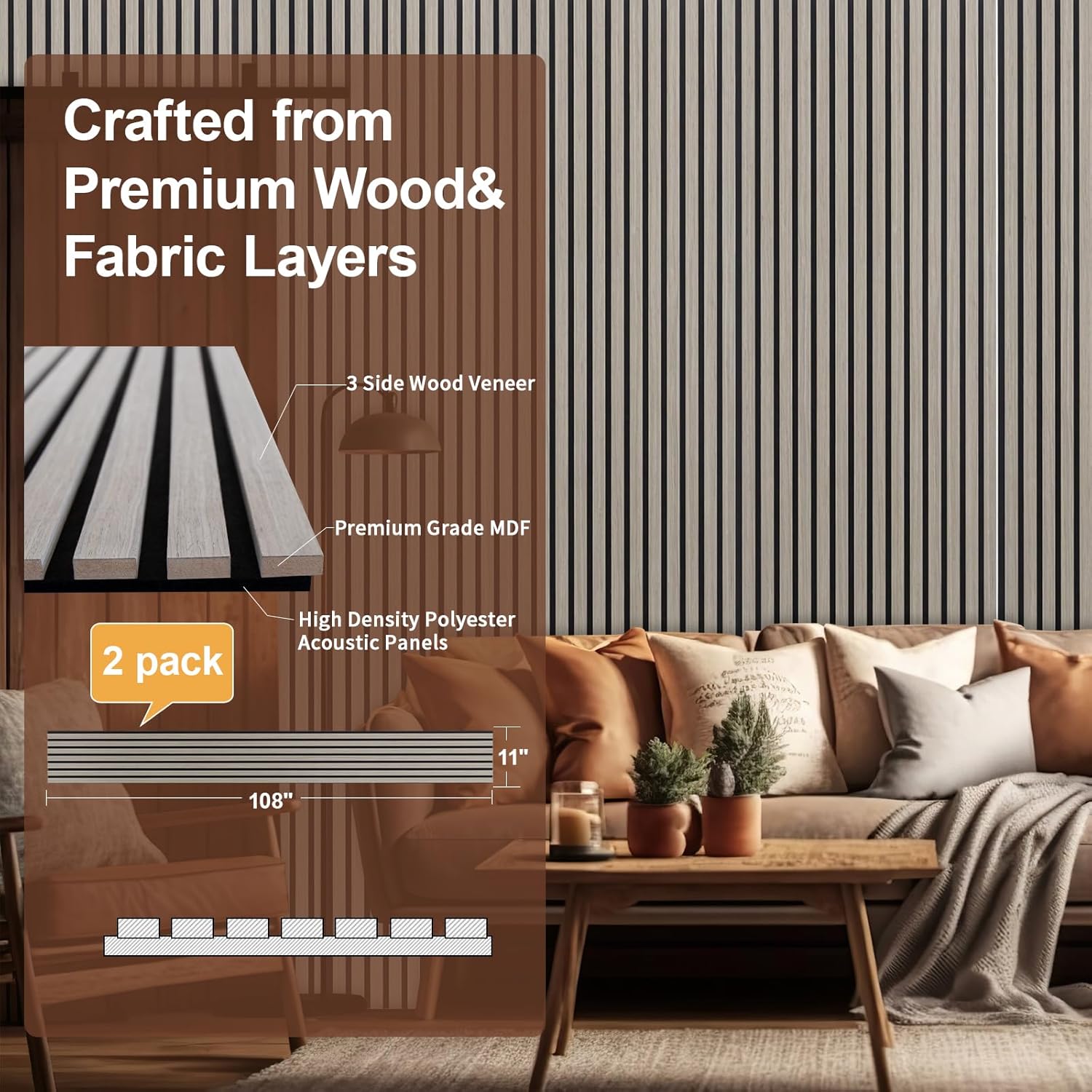 Yuzzy Wood Panels for Wall and Ceiling - 108 x 11 Inch Wood Slat Acoustic Panels 2 PCS - Modern Sound Absorbing Wall Panels for Interior Wall Decor for Home, Office, Studio - Rustic Gray Oak
