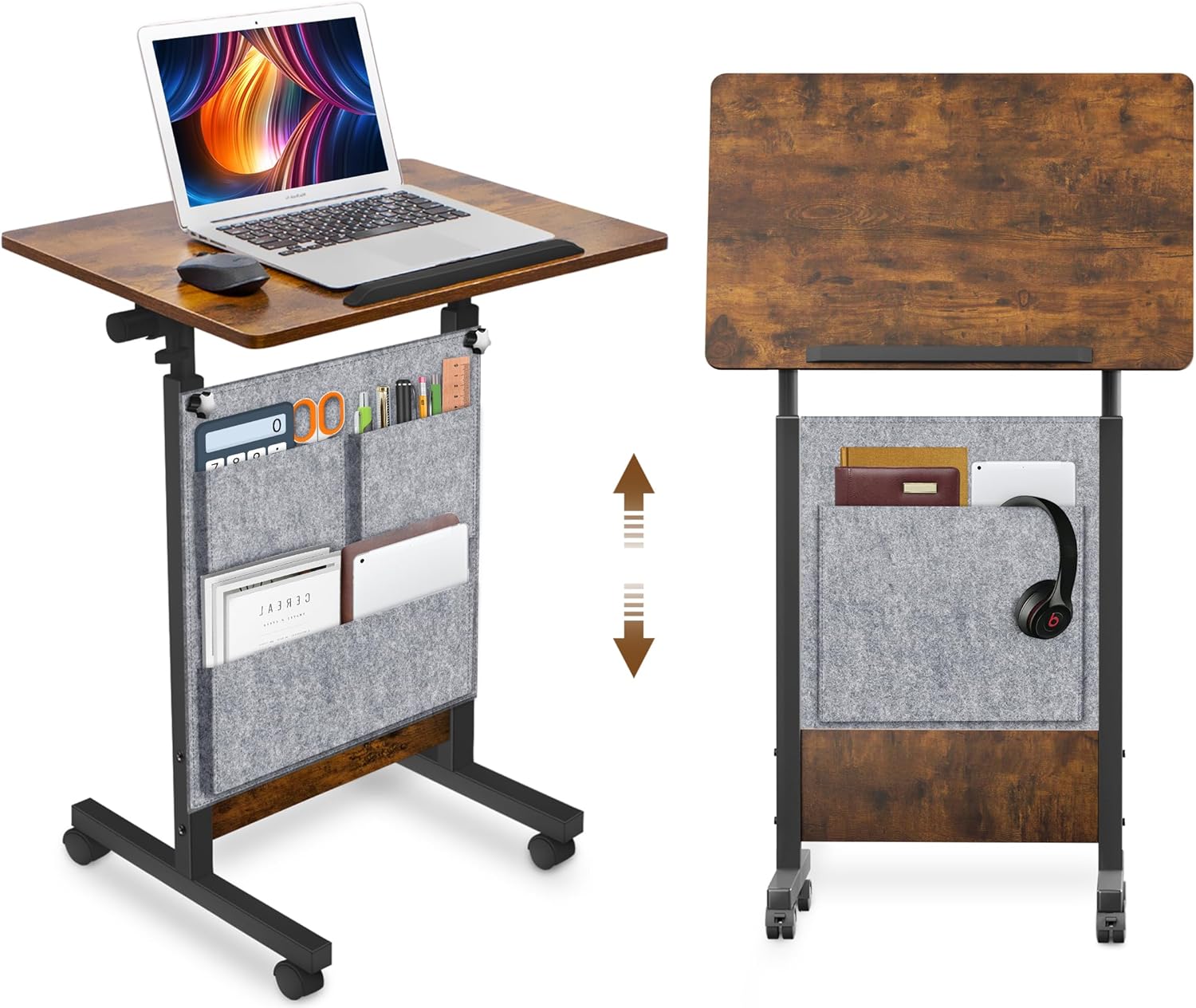 KOUPA Height Adjustable Standing Desk with Storage Bag widths16 in Length 24 in, Portable Rolling Mobile Stand Up Table with Wheels, 360 Degree Flip Laptop Computer Desk for Home Office, Rustic Brown