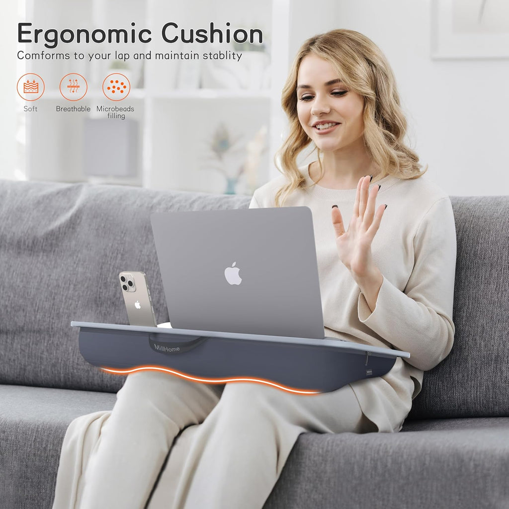 Lap Desk, Lap Desk with Cushion, Fits up to 17 inch Laptop, Pillow Designed, Portable Laptop Stand with Tray, Pad & Phone Holder, Home Office for Bed/Couch/Car/Reading/Writing, MillHome (Gray)
