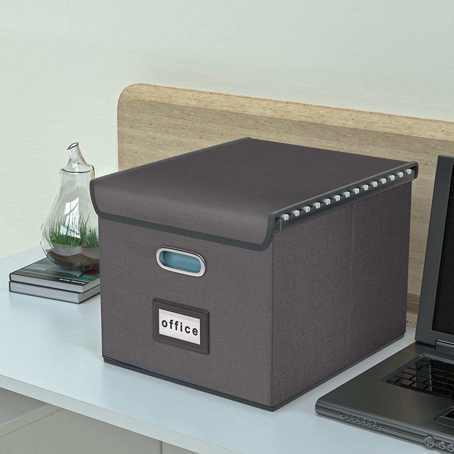 Huolewa File Organizer Box with Lid, Collapsible File Folder Organizer for Office Document Storage, Filing Box with Plastic Slide for Letter/Legal Size Hanging Files, Dark Grey