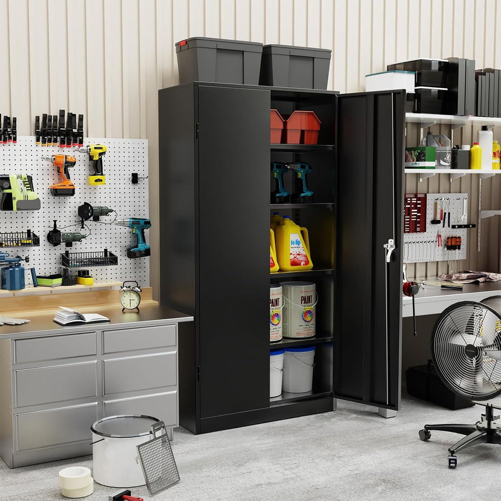 SUNCROWN 72" Metal Storage Cabinet - Heavy-Duty Metal Garage Cabinet with 4 Adjustable Shelves & 2 Doors for Tools, Office, Home, Workshop,Black