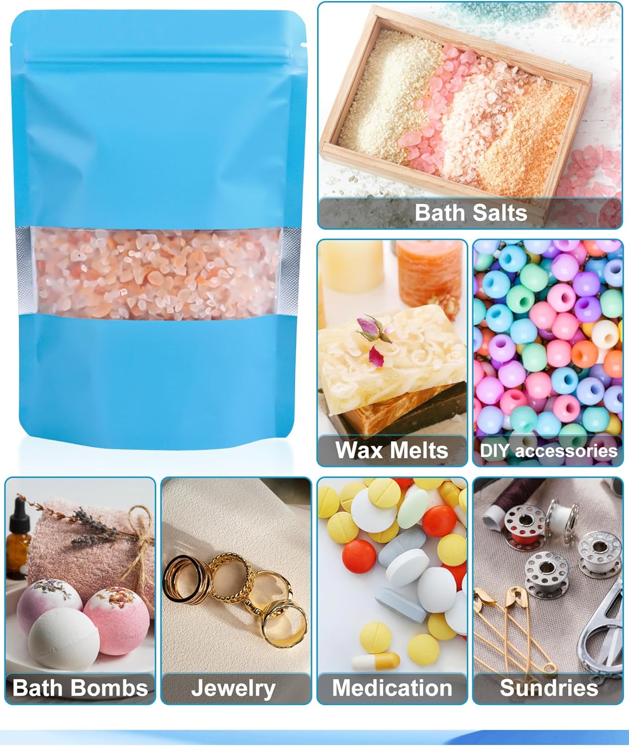 FireKylin 100 Pack Smell Proof Bags 6.3" x 9.4", Resealable Bags with Matte Window, Foil Pouch Stand Up Sealable Bags for Packaging（Blue）