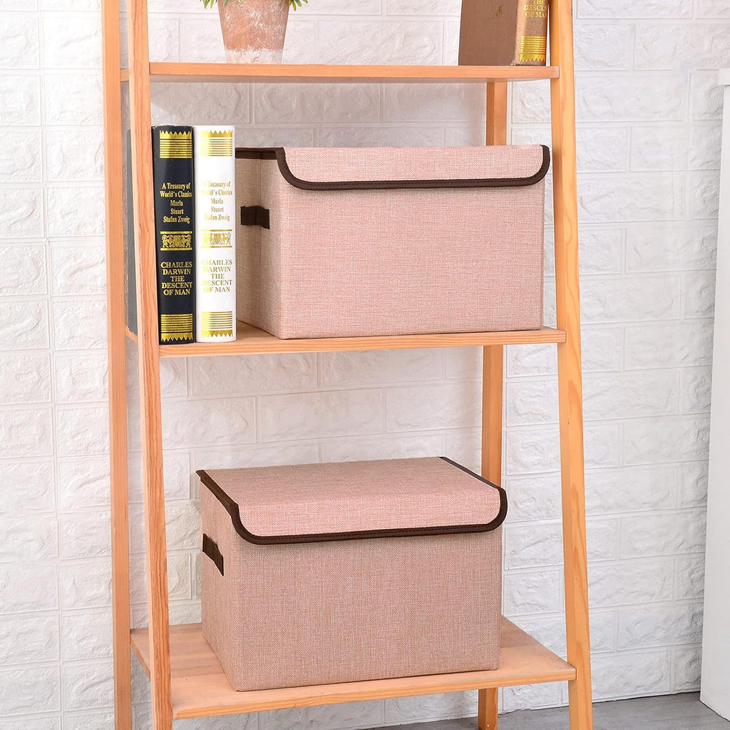 Linen Fabric Foldable Storage Cube Bin Organizer Basket with Flip-Top Lid & Handles, Large Clothes Blanket Box for Home, Office, Closet, Pink, 4 Pack 14.6 x 9.5 x 9.5”