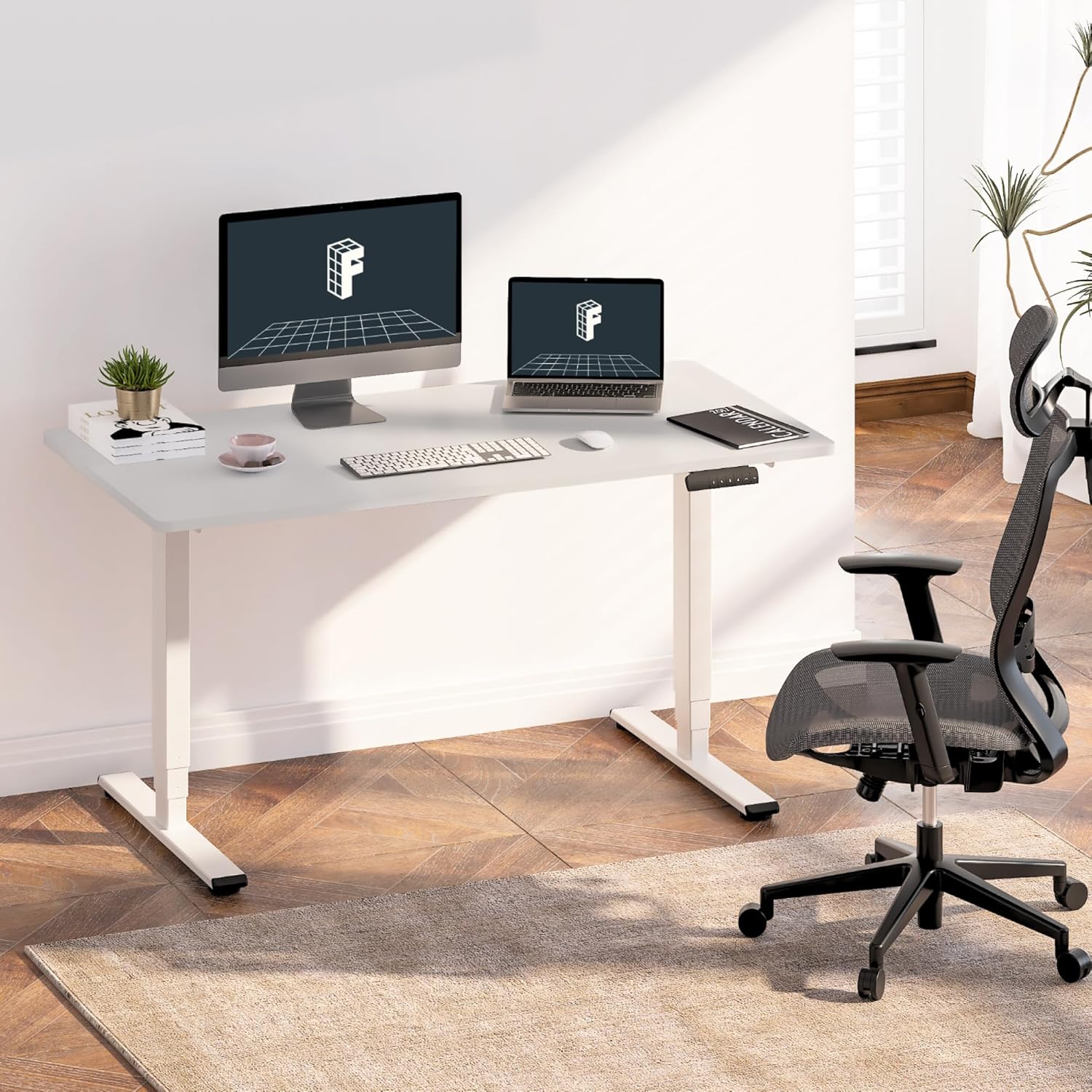FLEXISPOT E6 Essential 3 Stages Dual Motor Electric Standing Desk 48x24 Inch Whole-Piece Board Height Adjustable Desk Electric Sit Stand Desk(White Frame + White Desktop, 2 Packages)