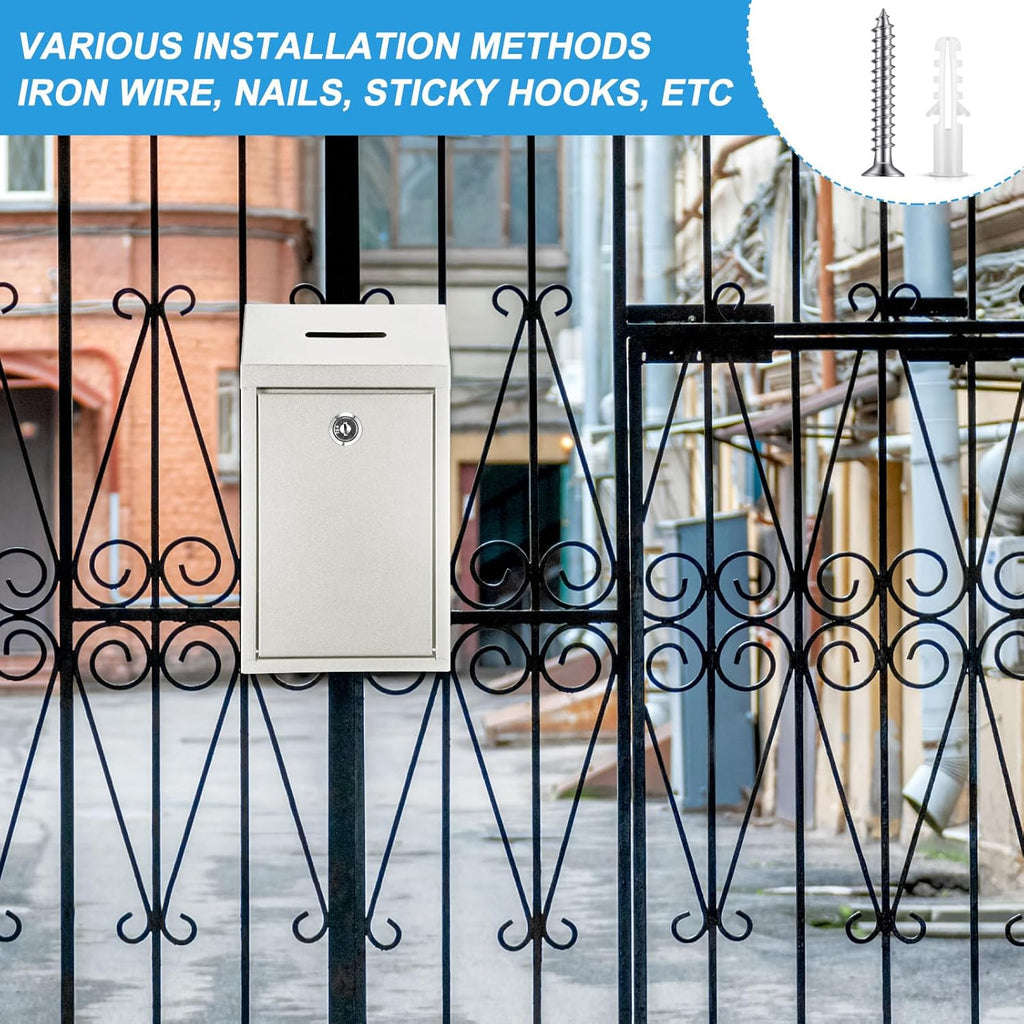 2 Pack Metal Suggestion Boxes with Lock Keys Ballot Donation Boxes with Slot for Fundraising Wall Mounted Mailbox Delivery Container for Home Office Outdoor Door, 10.2x5.7x2.95in(White)