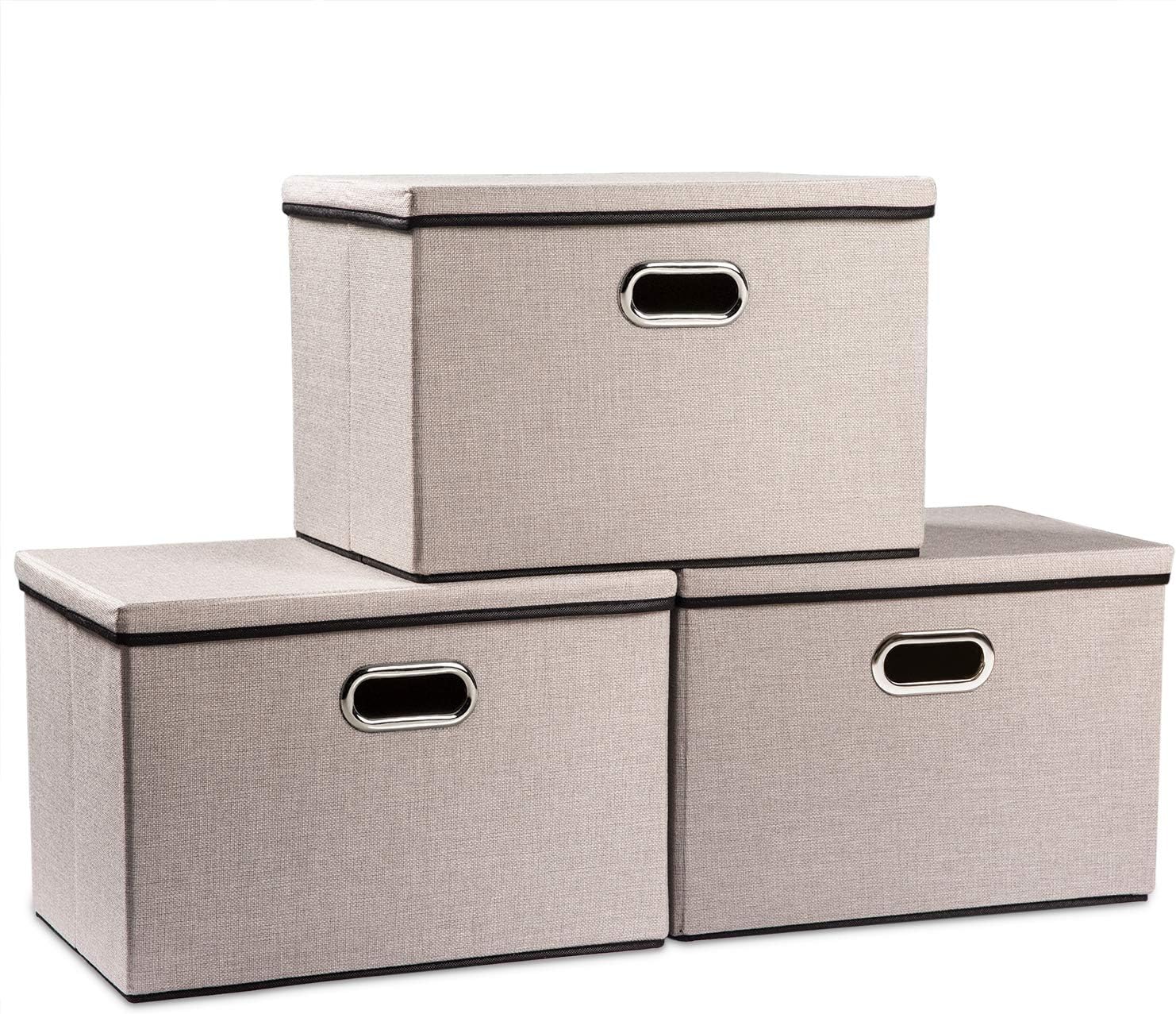 PRANDOM Large Foldable Storage Bins with Lids [3-Pack] linenFabric Decorative Storage Boxes Organizer Containers Baskets Cube with Handles Divider for Bedroom Closet Office Light Grey(17.7x11.8x11.8)