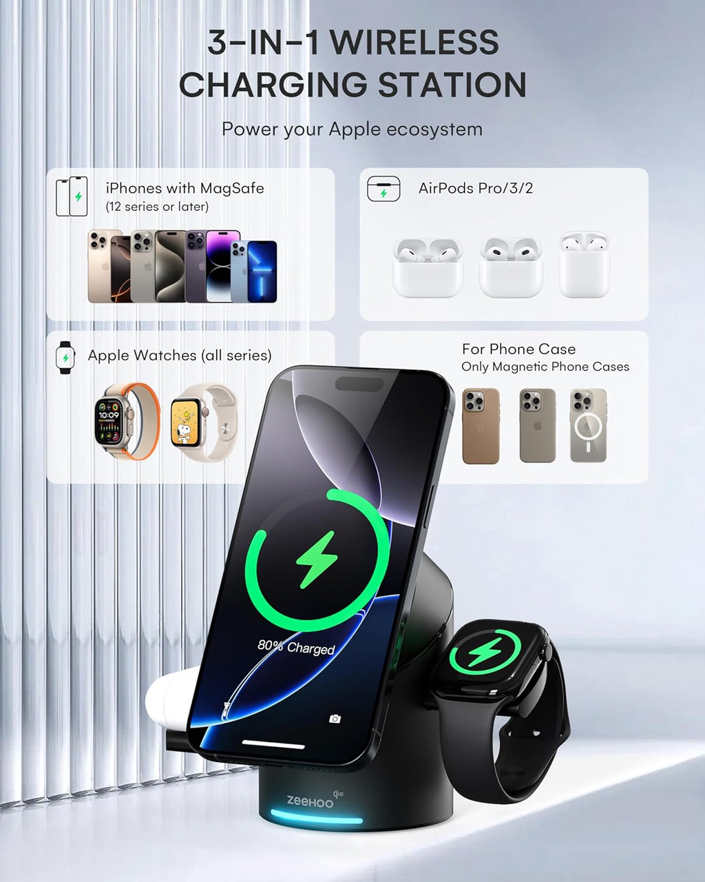 ZEEHOO 3 in 1 Charging Station for Apple Devices, Mag-Safe Charger Stand, Qi2 15W Auto-Rotating Wireless Charger for iPhone 16/15/14/13/12 Series& AirPods& iWatch(Black)