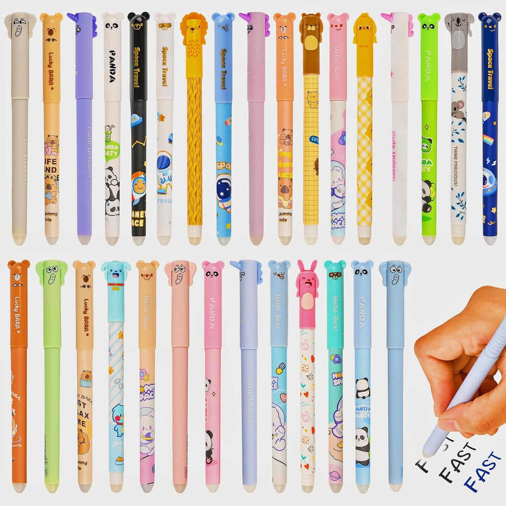 LiYiQ 30 PCS Erasable Pens Fun Cute Pens for kids Kawaii Pen Stress Relief Rotating Pen for School, Office, Home Supplies,14 Black and 16 Blue