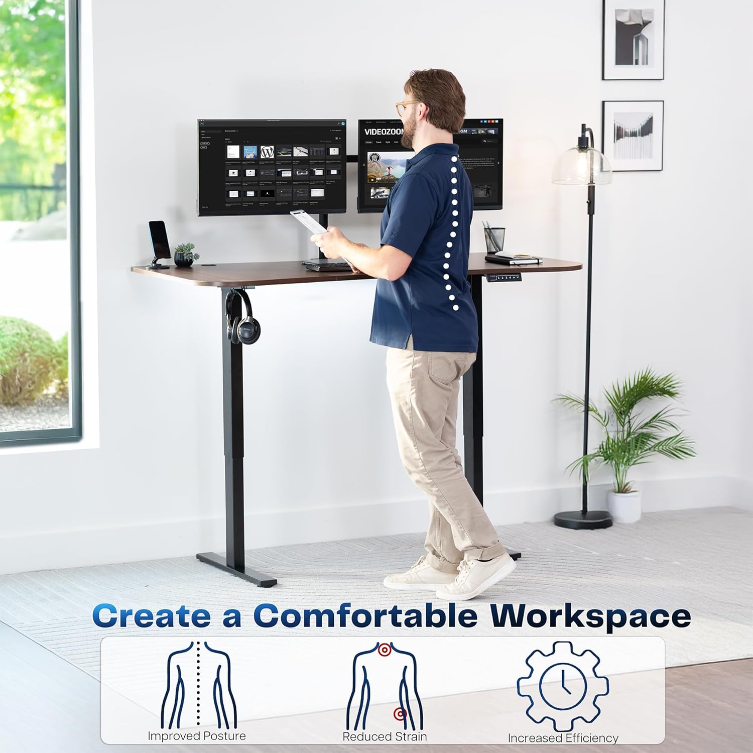 VIVO Electric 63 x 32 in Standing Desk, Memory Height Adjustment, 1B Series, Dark Walnut Top Black Frame, DESK-KIT-1B1D