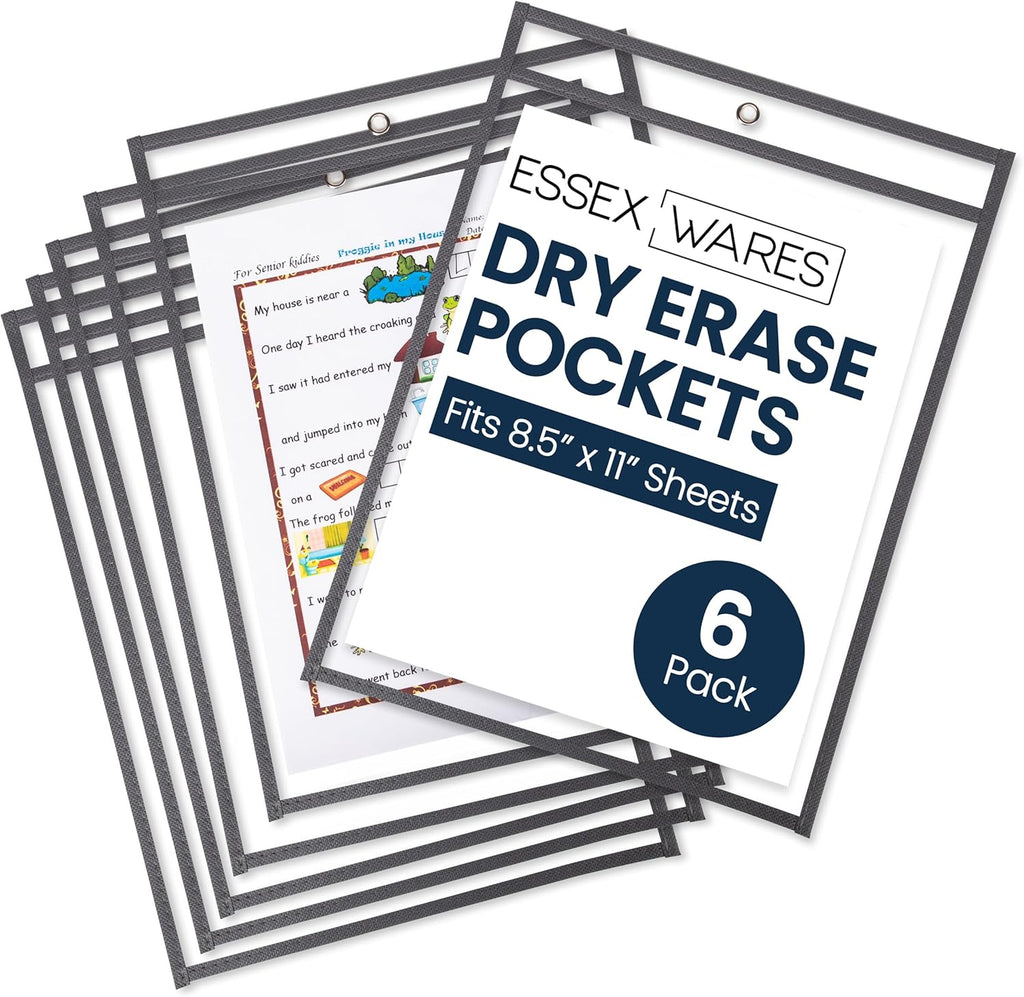 Essex Wares - 6 Pack, Gray, Dry Erase Pocket Document Protectors, 10" Wide x 13.5" Tall - Clear Plastic Sleeves - Reusable & Easy Erase Plastic Invoice Holders, Water-Resistant & Durable