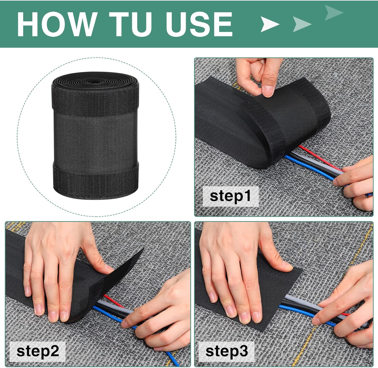 WILLBOND Carpet Cord Cover Cable Grip Floor Cover Cable Protector Management Only for Commercial Office Carpet(Black,98.43 ft)