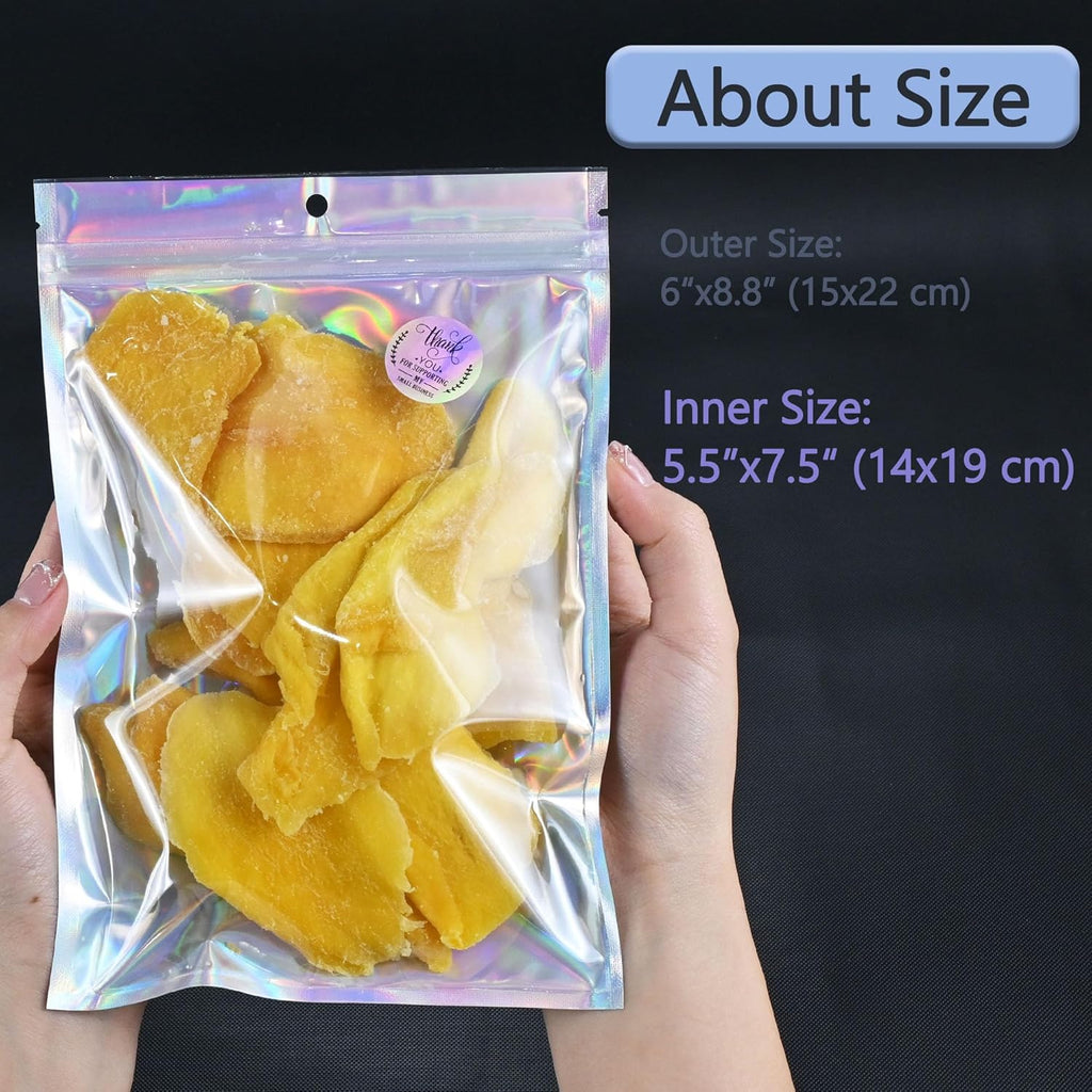 100 Pack Holographic Resealable Plastic Bags for Food Storage, Zipper Bags with Clear Front Window, Packaging Pouch for Small Business (100 Pack, 6x8.8 inch)