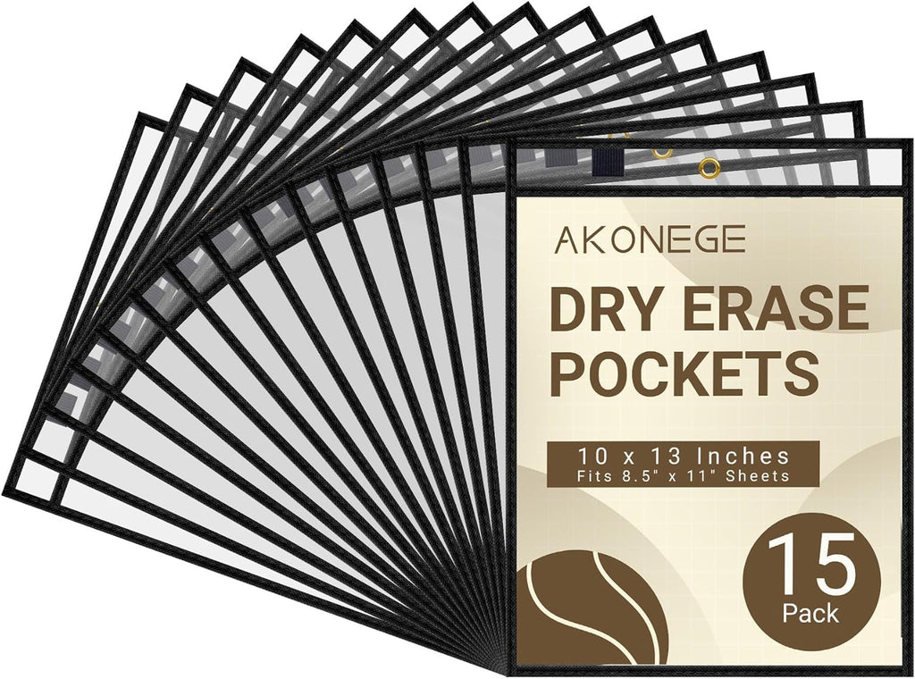 15 Pack Oversized Dry Erase Pocket Sleeves Reusable 10 x 13 Inches Black Shop Ticket Holders Clear Plastic Sleeves Sheet Protectors for Documents, Teacher Classroom & Office Supplies