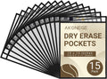 15 Pack Oversized Dry Erase Pocket Sleeves Reusable 10 x 13 Inches Black Shop Ticket Holders Clear Plastic Sleeves Sheet Protectors for Documents, Teacher Classroom & Office Supplies