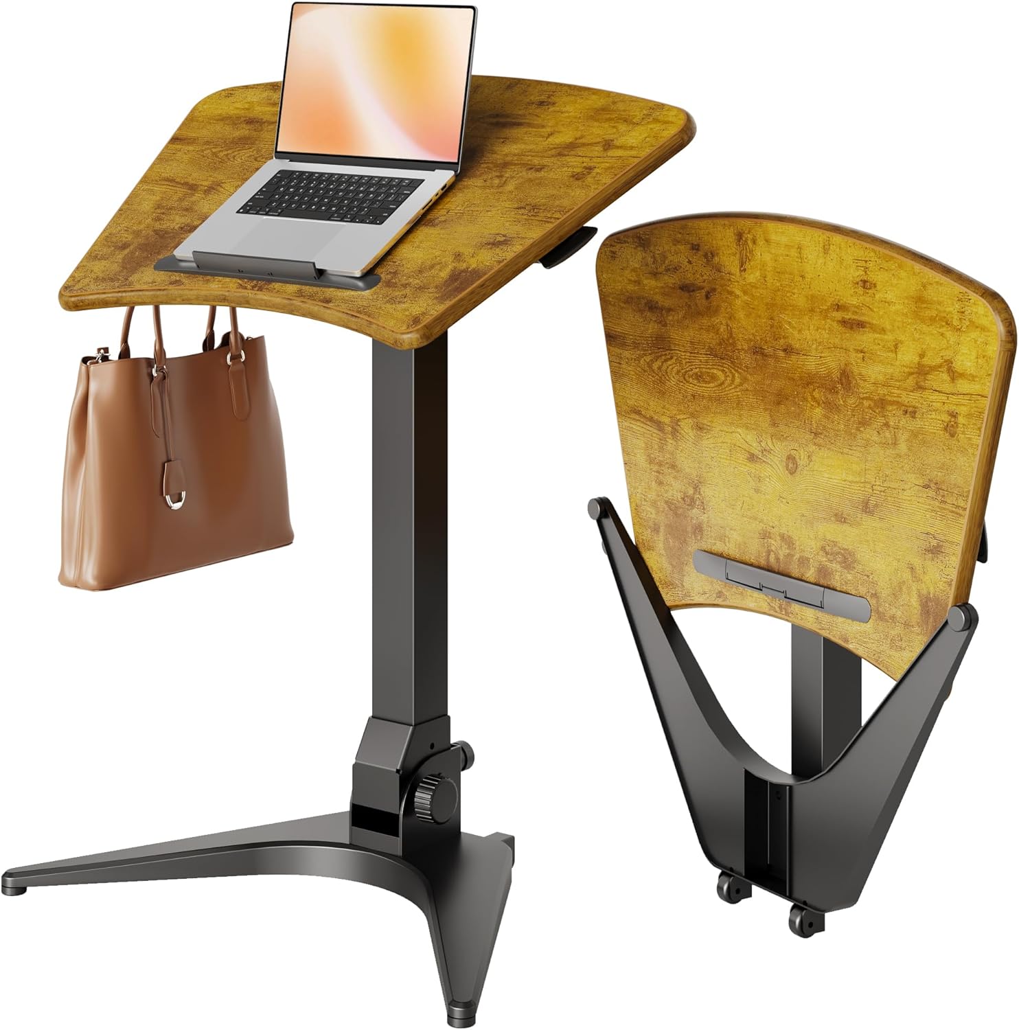 Claiks Mobile Standing Desk, Portable Rolling Sit-Stand Desk with Wheels, Height-Adjustable with 90 Tiltable Top, Foldable Computer Stand, Rustic Brown