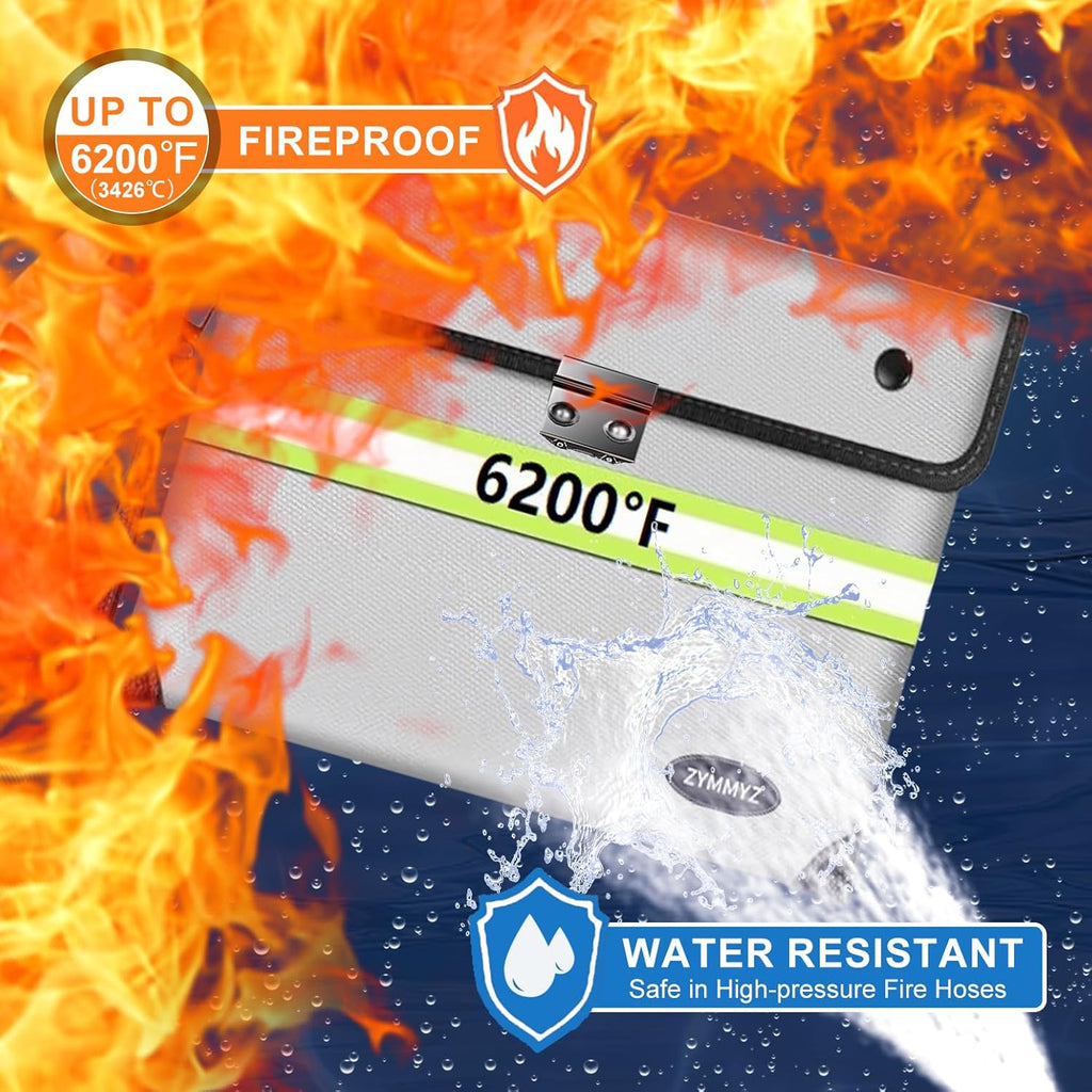 Fireproof Document Bag with lock Water Resistant Zipper,6200°F Heat Insulated Fire Proof Pouch with Soft Leather Hand Strap,Fire Envelope for Cash,Documents,Jewelry（Not Suitable for A4 Files）