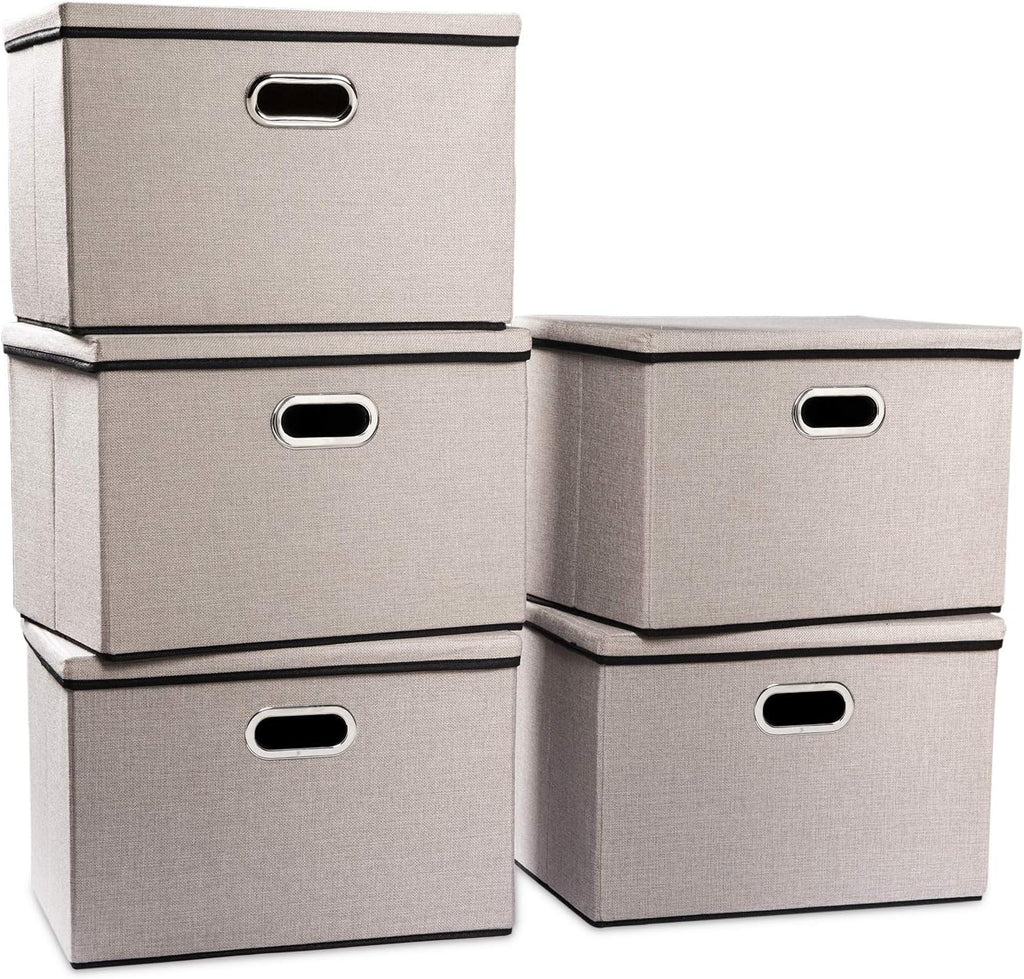 PRANDOM Large Foldable Storage Bins with Lids [5-Pack] linenFabric Decorative Storage Boxes Organizer Containers Baskets Cube(17.7x11.8x11.8) For 6+ Year Old Boys and Girls
