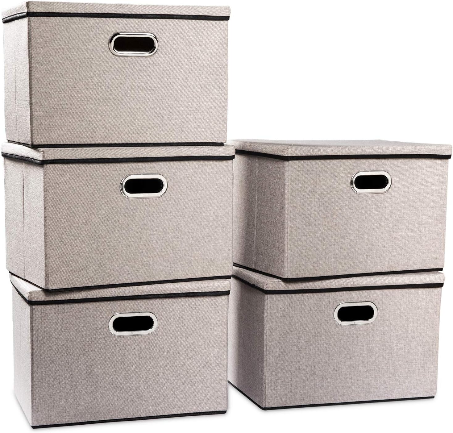 PRANDOM Large Foldable Storage Bins with Lids [5-Pack] linenFabric Decorative Storage Boxes Organizer Containers Baskets Cube(17.7x11.8x11.8) For 6+ Year Old Boys and Girls