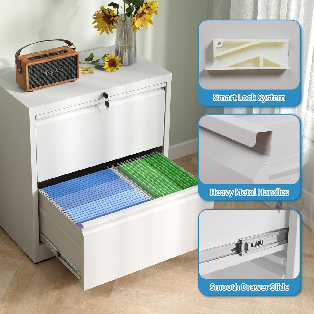 2 Drawer Lateral File Cabinet with Lock, 26.8" Wide Metal Filing Cabinets for Home Office, Steel Storage File Cabinet for Letter/Legal/F4/A4 Size with Hanging Bars, Assembly Required(White)
