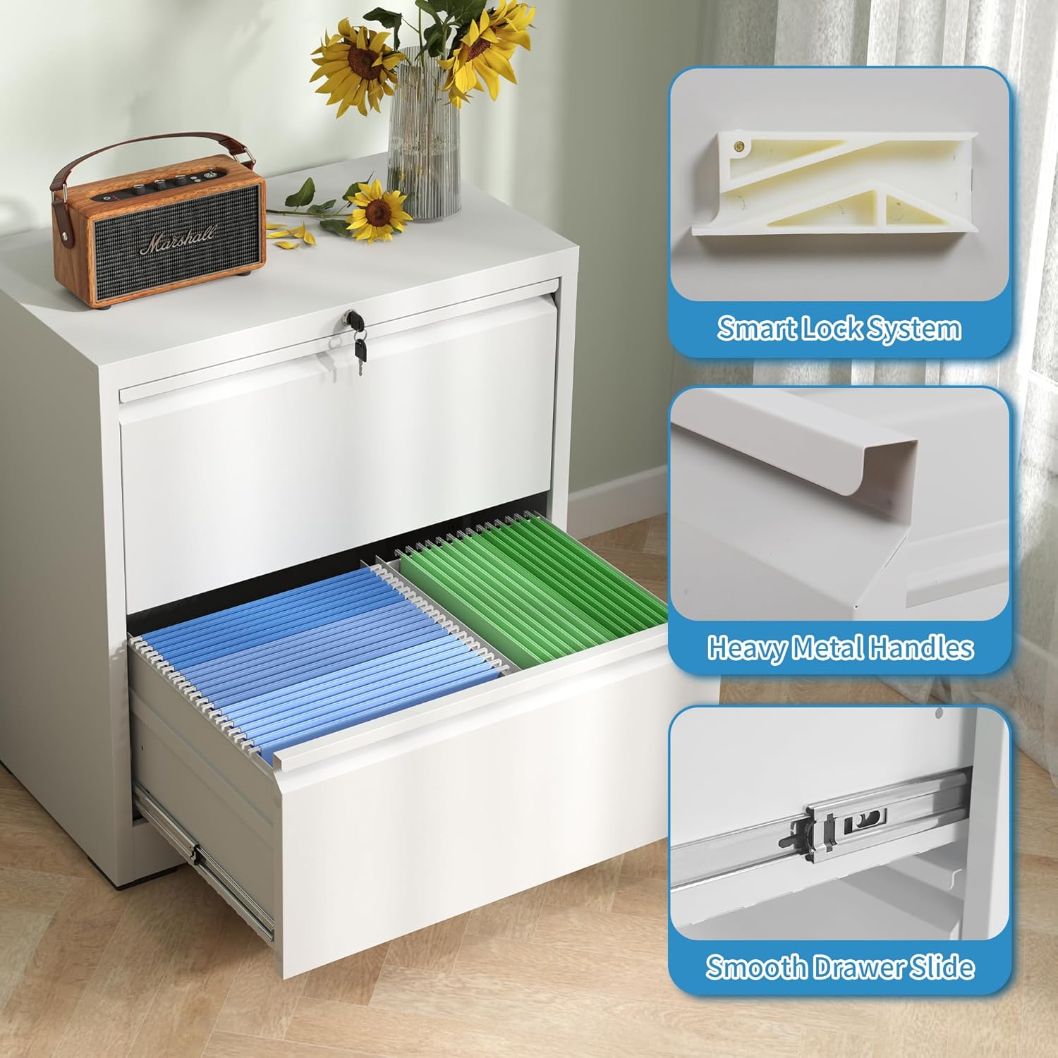 2 Drawer Lateral File Cabinet with Lock, 26.8" Wide Metal Filing Cabinets for Home Office, Steel Storage File Cabinet for Letter/Legal/F4/A4 Size with Hanging Bars, Assembly Required(White)