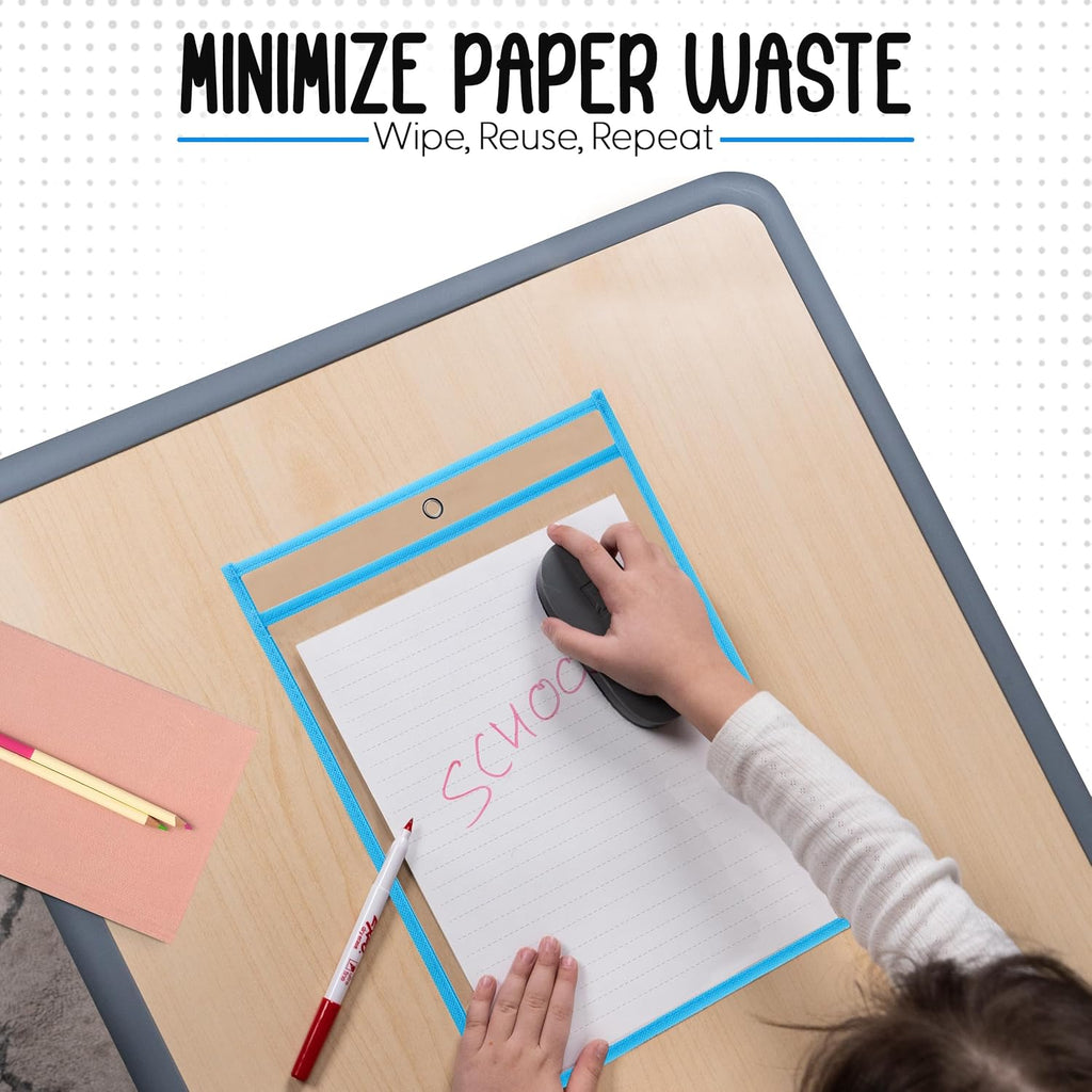 Essex Wares - 6 Pack, Light Blue, Water-Resistant Dry Erase Pocket Document Protectors, 10" Wide x 13.5" Tall - Dry Erase Clear Plastic Sleeves - Reusable & Easy Erase Plastic Invoice Holders