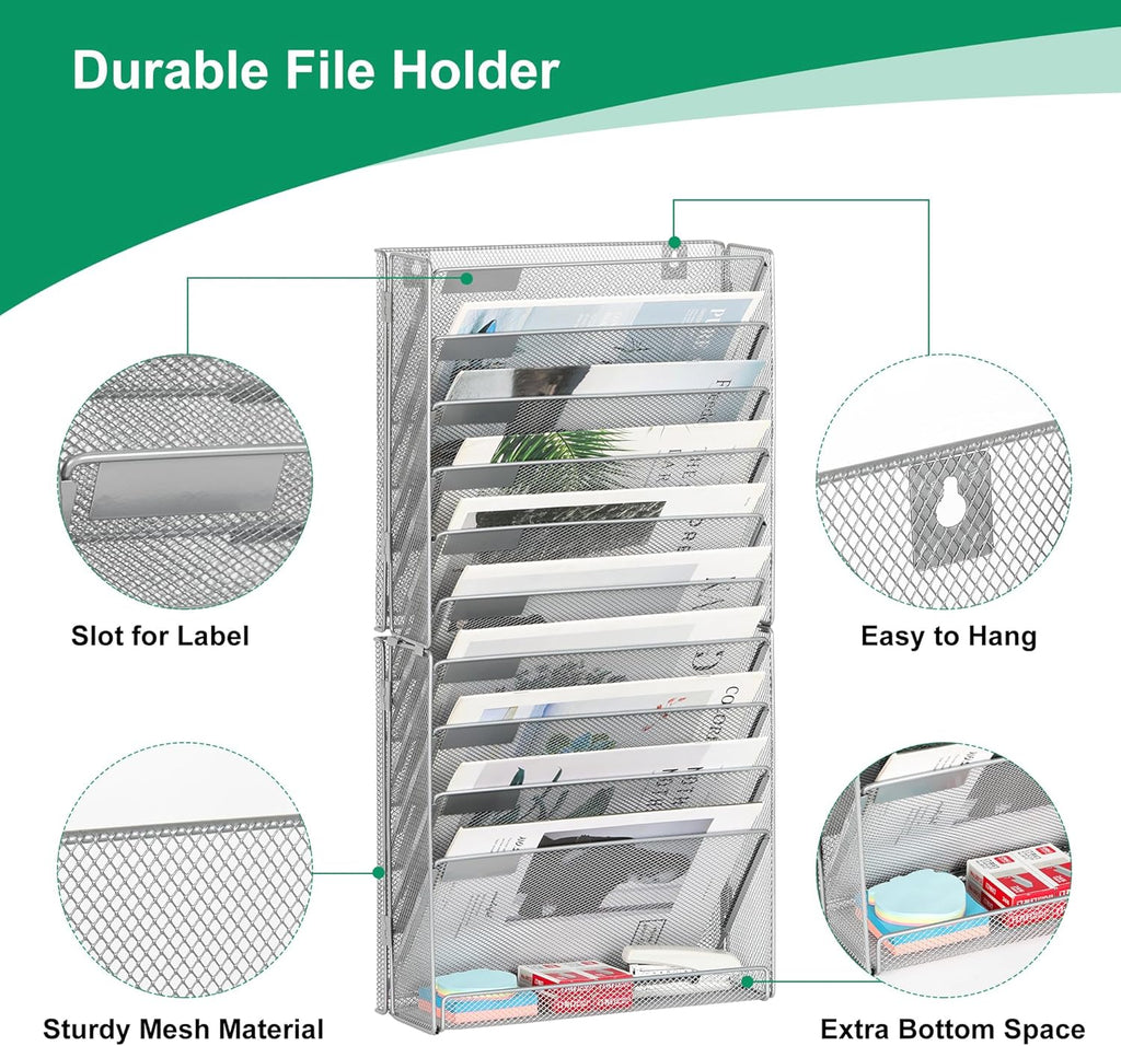 10-Tier Wall File Organizer, Hanging Mail Organizer Wall Mounted Paper Document Holder, Metal Clipboard Storage Basket for Office Home School Organization, Silver
