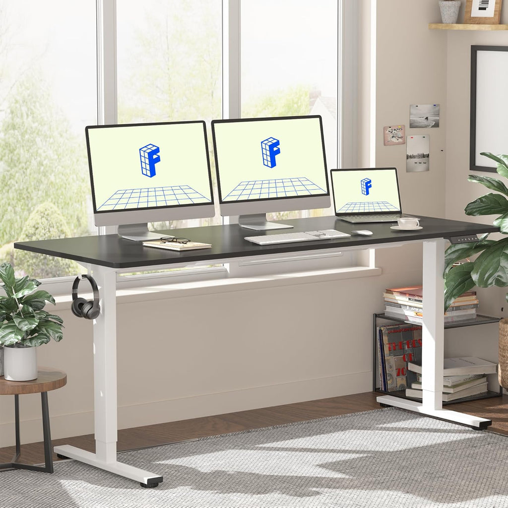 FLEXISPOT EN1 One-Piece Standing Desk, 60 x 24 Inches Large Height Adjustable Desk, Electric Sit Stand Desk Home Office Table Computer Workstation (White Frame + Black Desktop, 2 Packages)