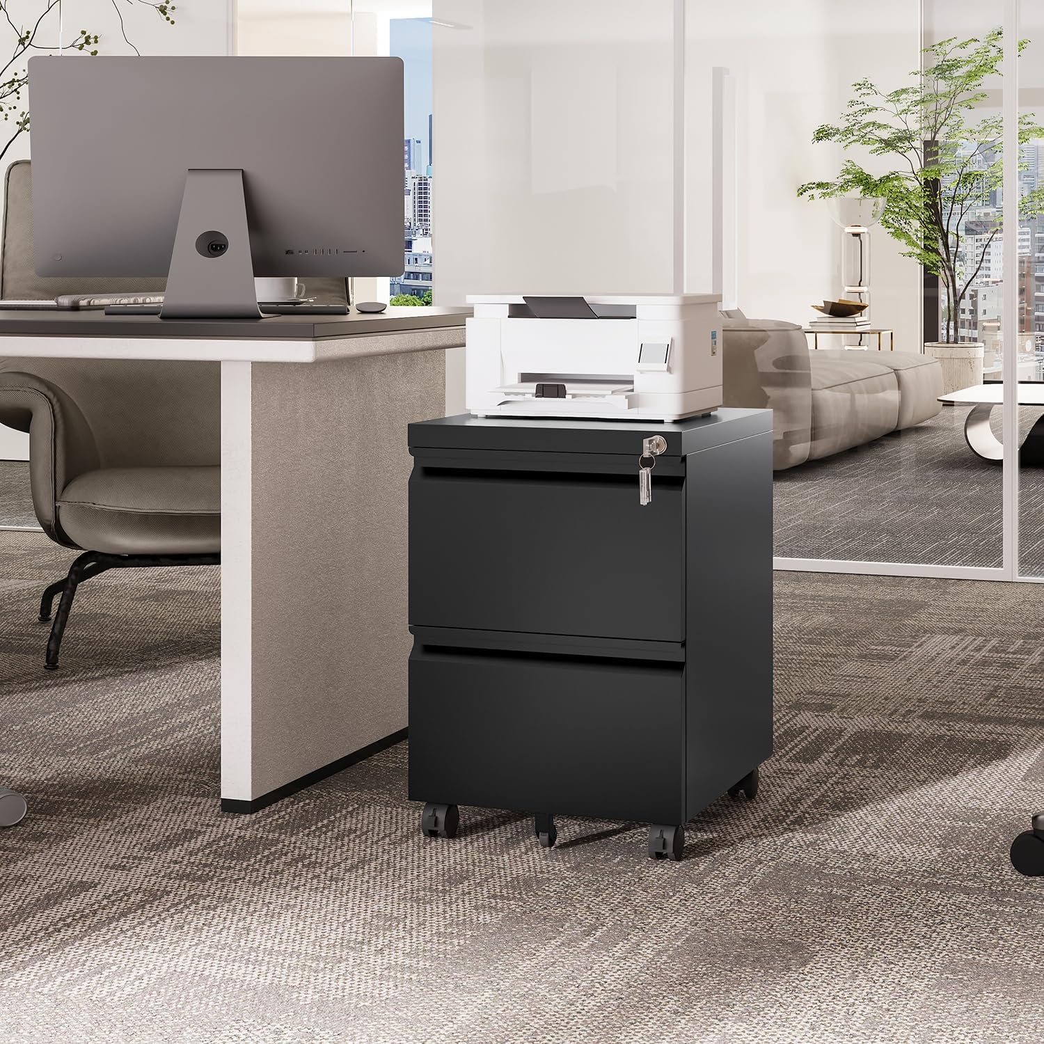 2 Drawers Vertical File Cabinet - Fully Assembled Black Under Desk Mobile Filling Cabinet Small Lockable Home Office File Cabinets for A4/Letter/Legal Size